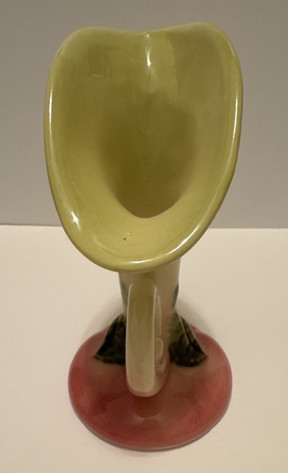 Hull W2-5 1/2” Woodland Chartreuse Pink Glossy Cornucopia Horn Vase Vintage USA