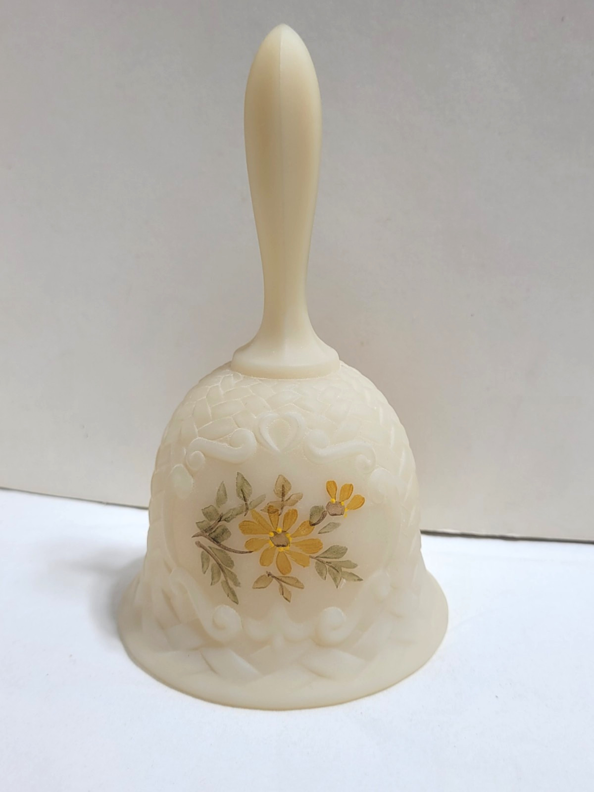 Hand Painted Yellow Daisy Basketweave Custard Glass Bell by Fenton Signed