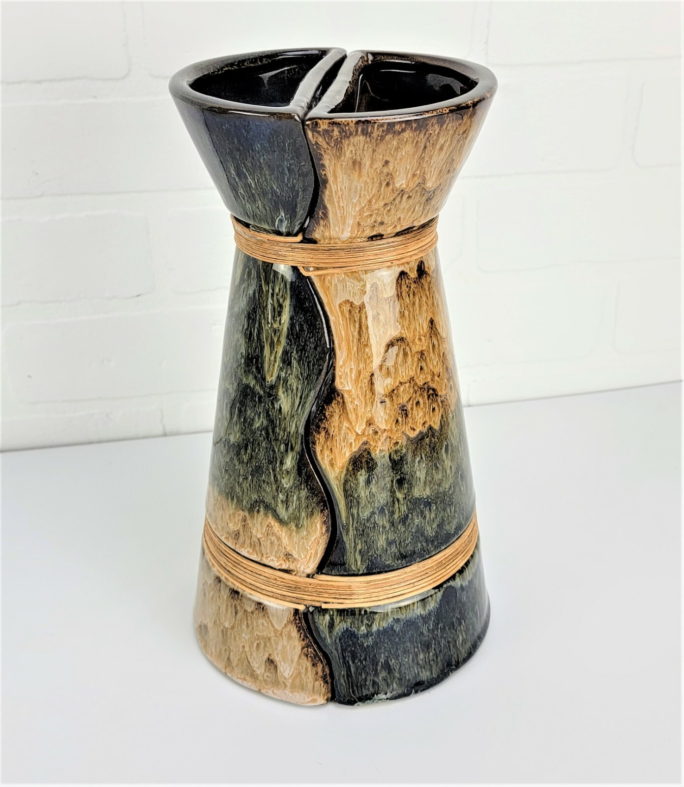 Vintage Studio Art Pottery Double Bound Vase Olive Green Brown Yin Yang