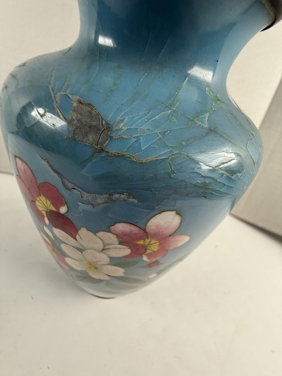 Vintage Chinese Cloisonne Blue Flower Vase Asian Floral Cloisonne 7in Damaged