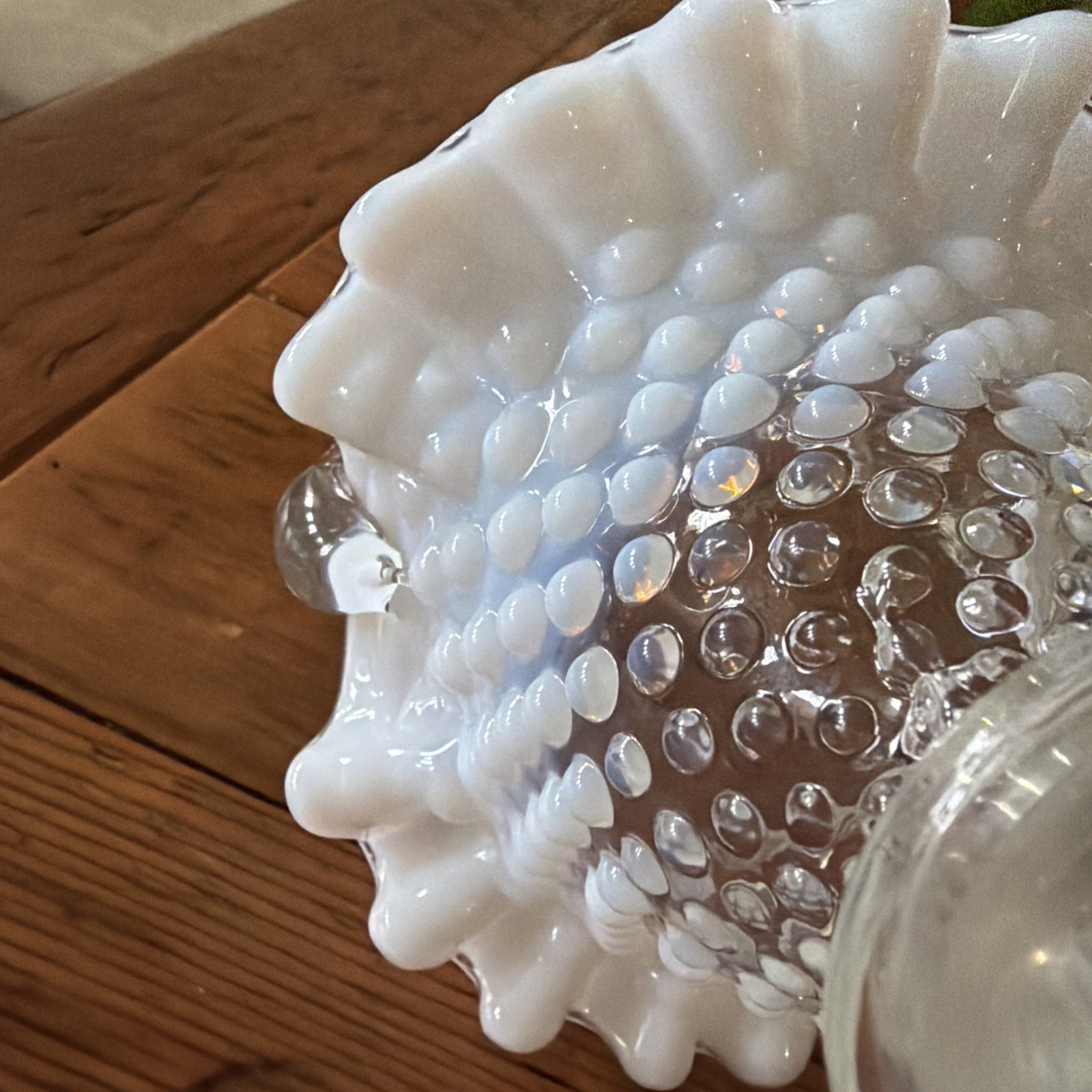 Vintage Fenton Opalescent White Clear Hobnail Basket w/Handle Ruffled Edge 6” H