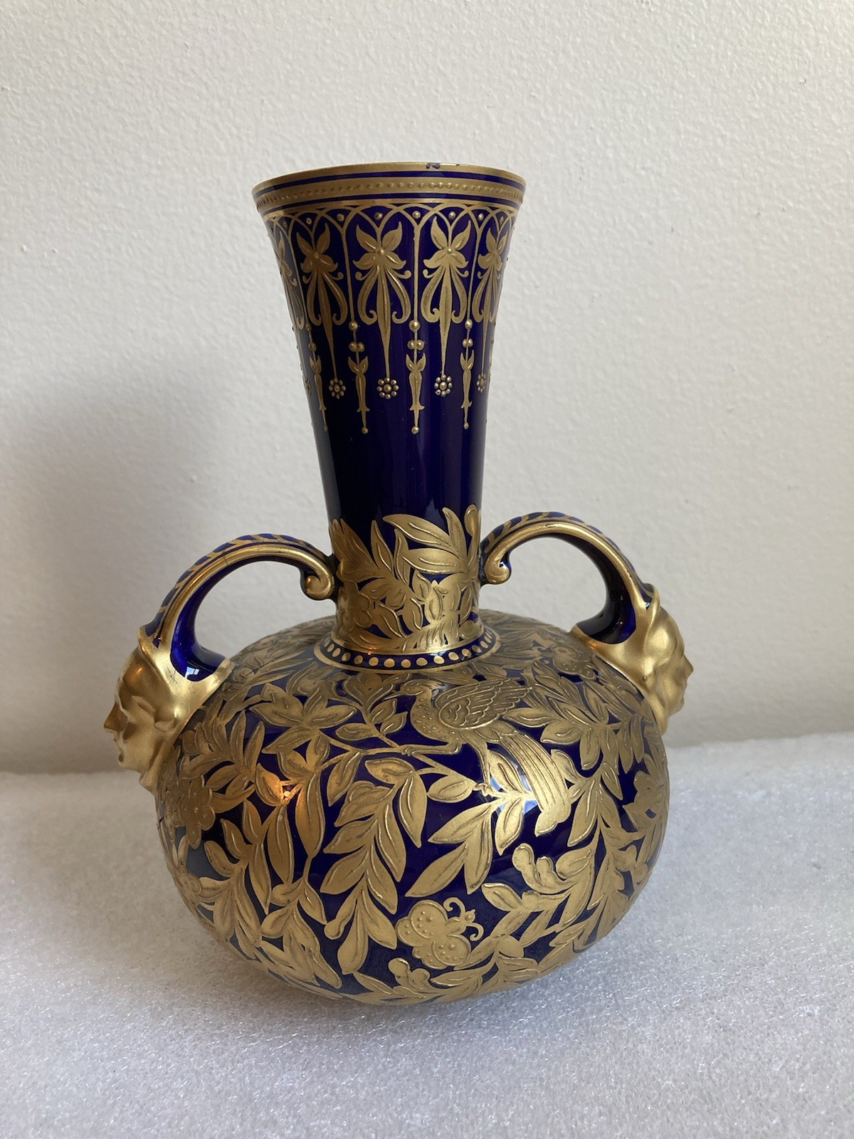 Antique Royal Crown Derby Cobalt Blue/Gold Double-Handle Bulbous Vase As Is