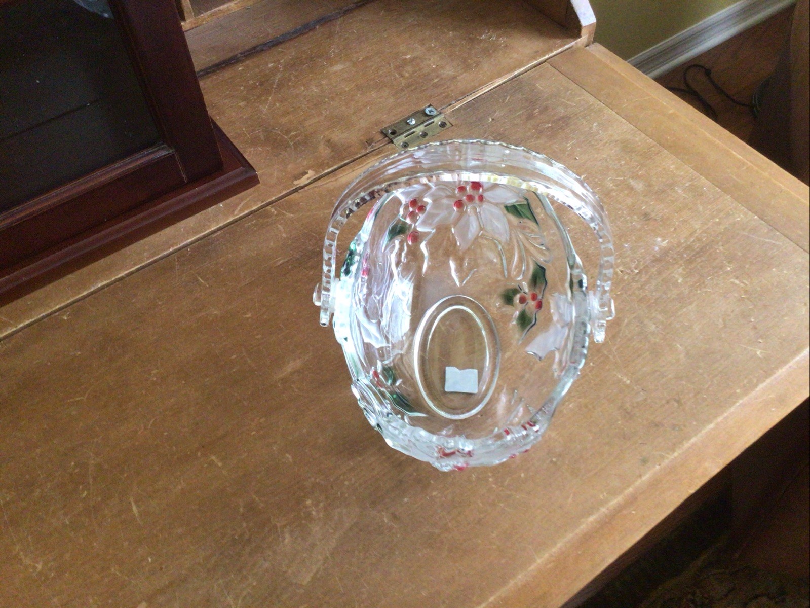 Celebrations by Mikasa Merry Holly Handled Glass Basket 8” Red Green Clear
