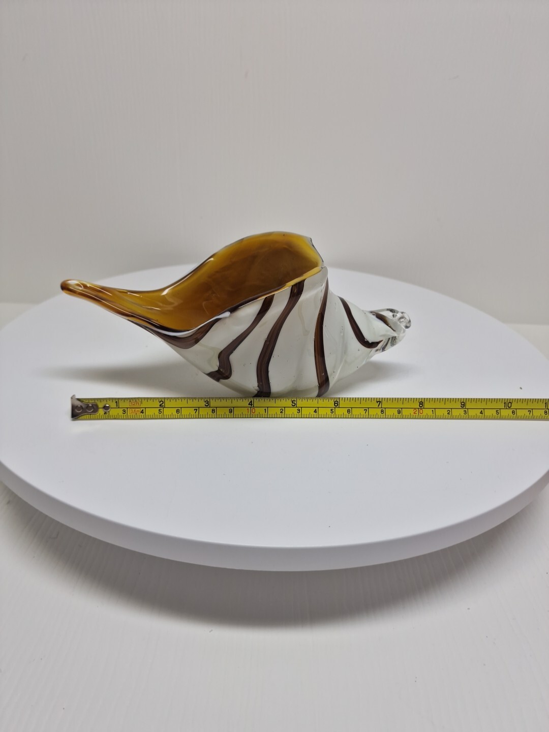 Murano Style Art Glass Shell White Brown & Yellow Figuire Paperweight Vintage