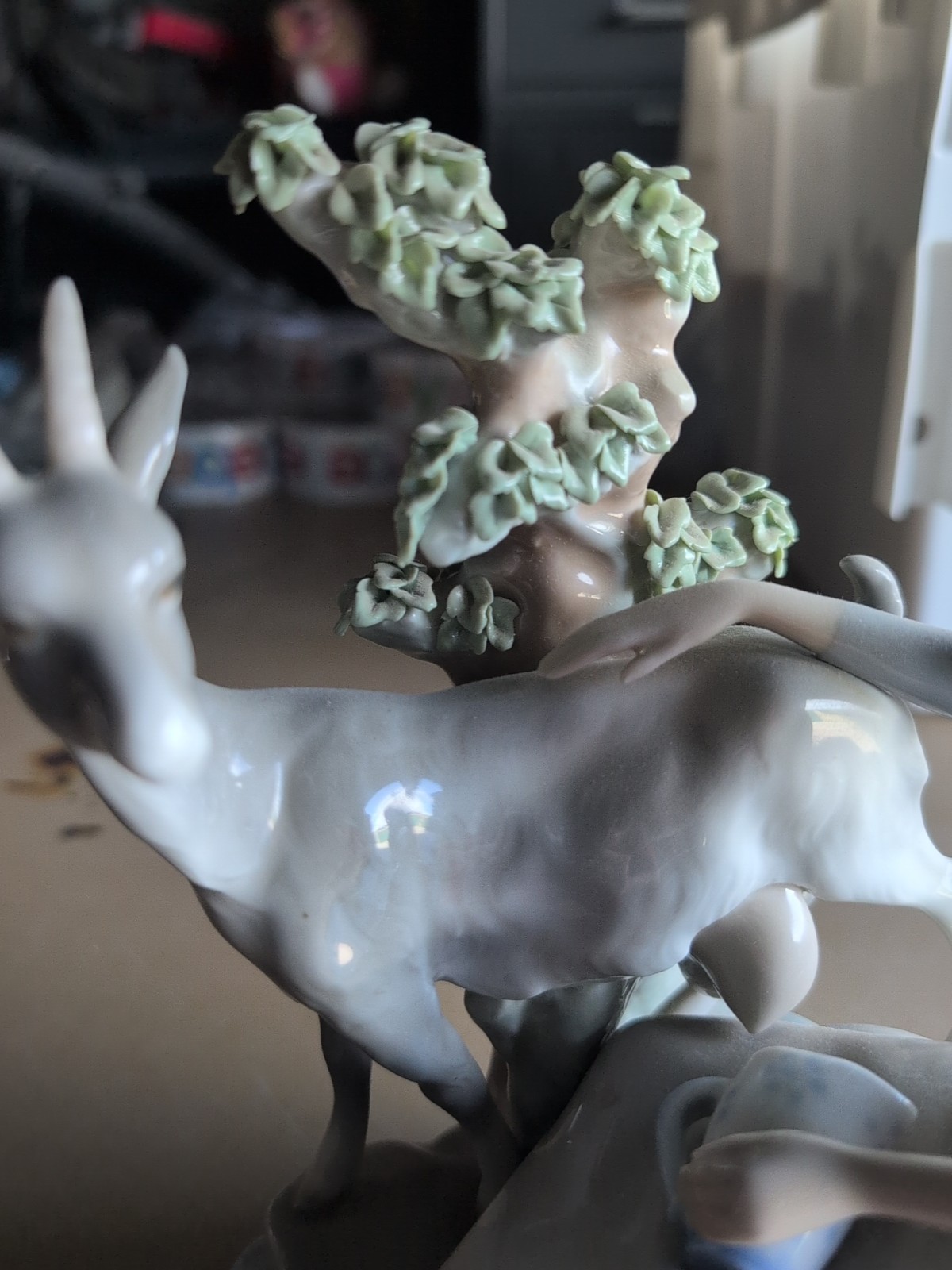 Lladró Porcelain Woman with Goat Glossy Decorative Figurine White Beige