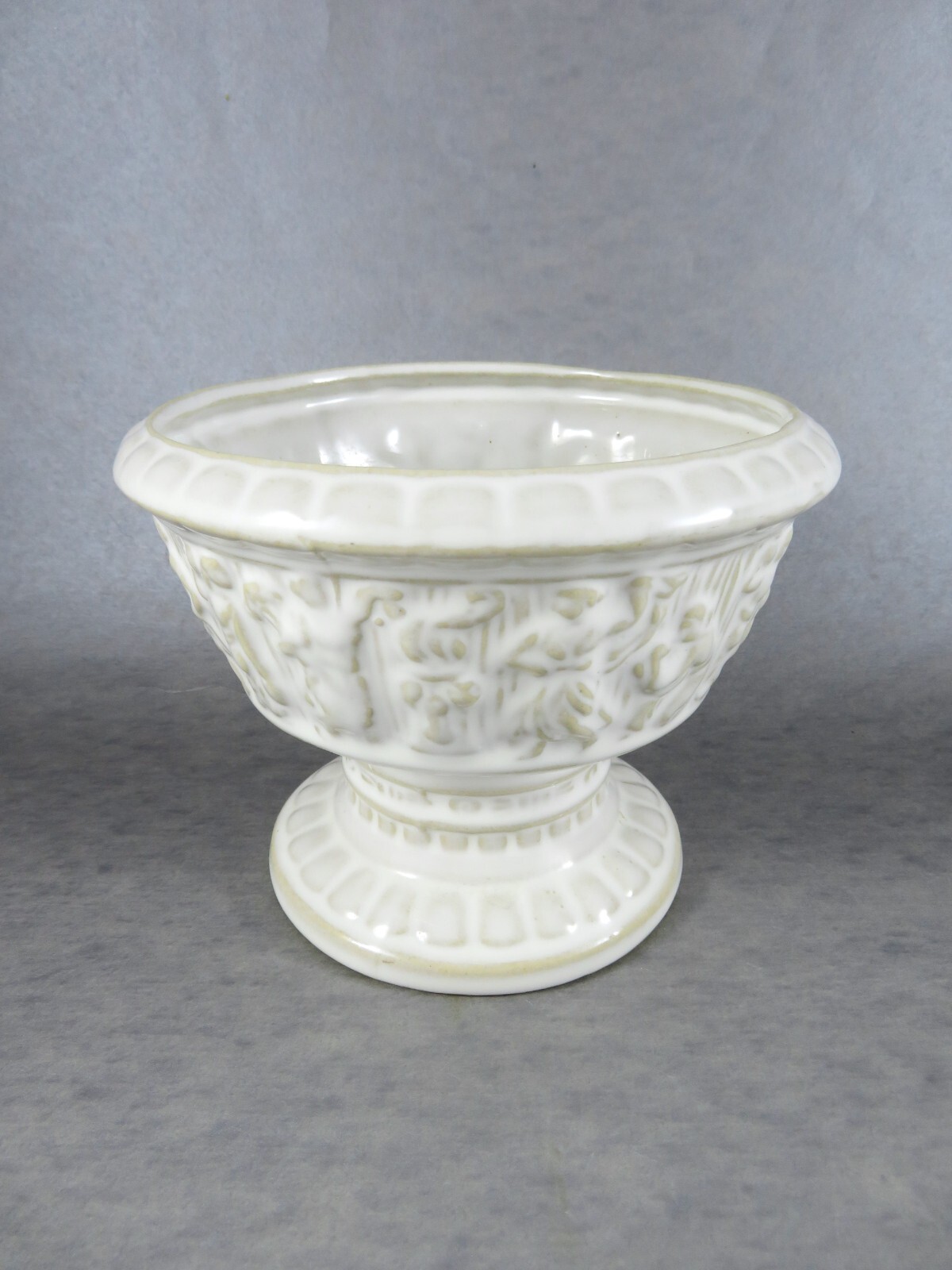 Ceramic Planter Pedestal Bowl Embossed Roman Figures 4.75 In High Vintage 1970s