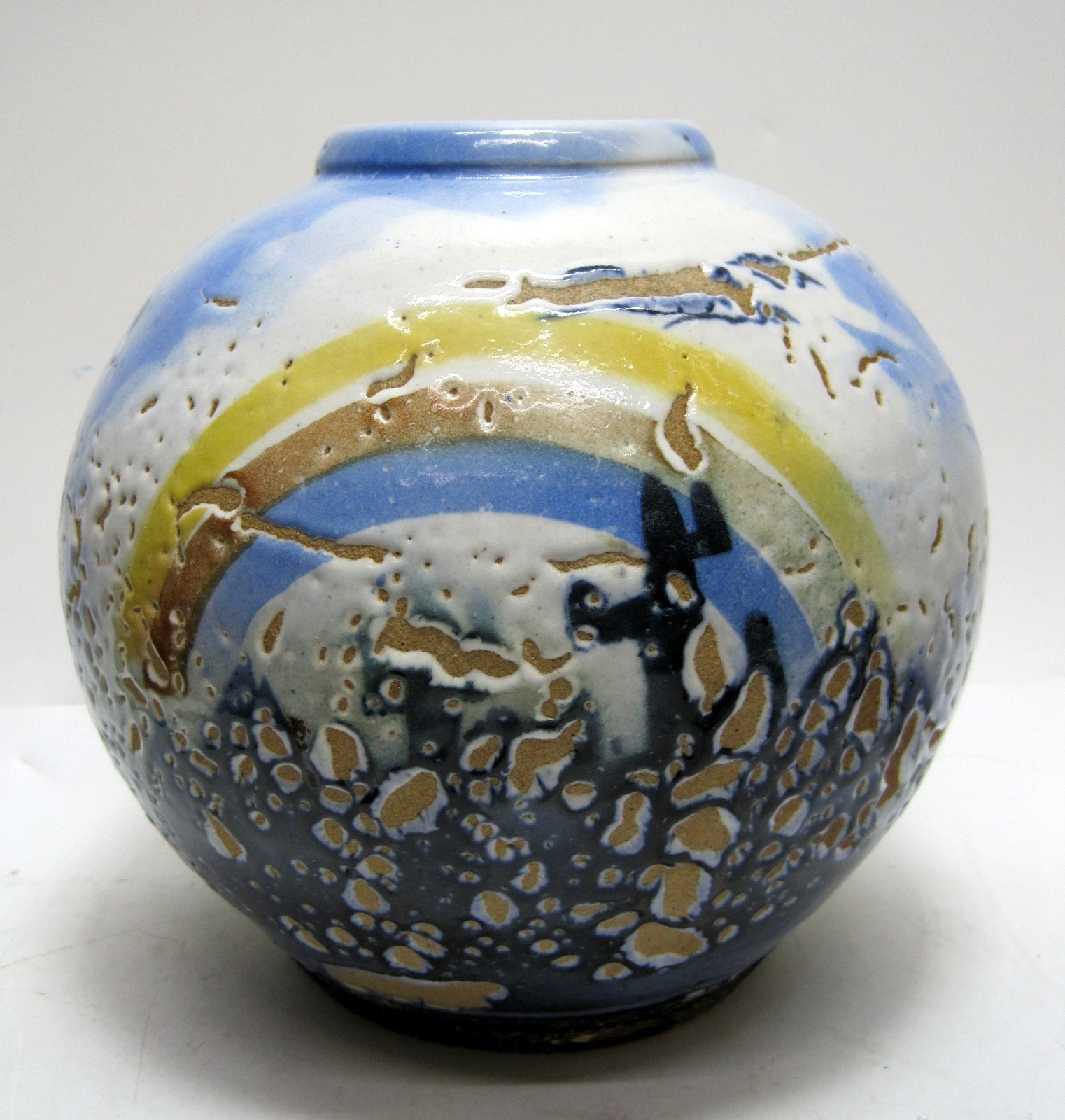 Davis Studio Art Pottery 7.75″ Stoneware Vase Vessel Rainbows Palm Trees Cactus