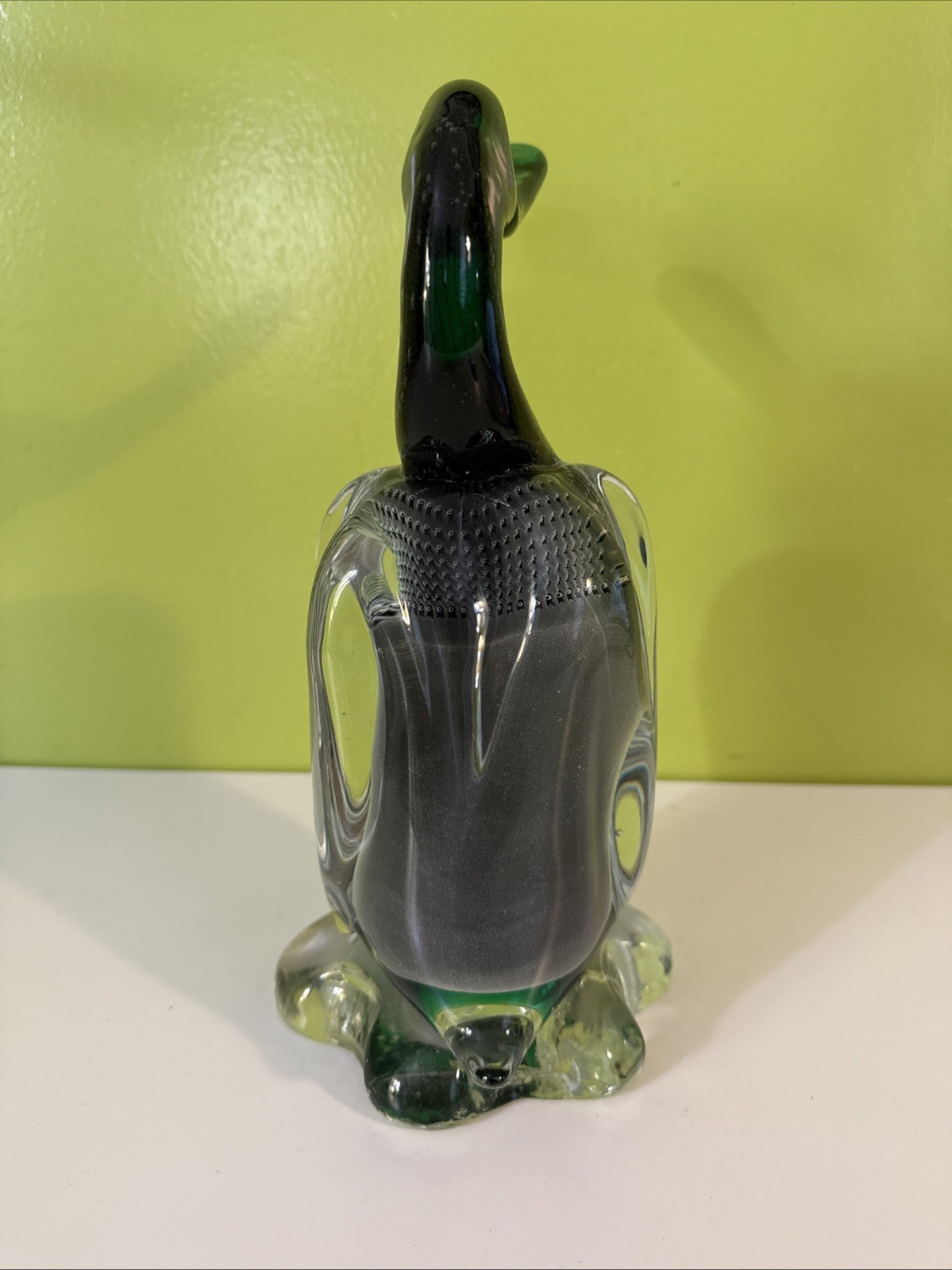 Vintage Alfredo Barbini VAMSA Murano Green Glass Duck Sfumato Bullicante, 11.5”