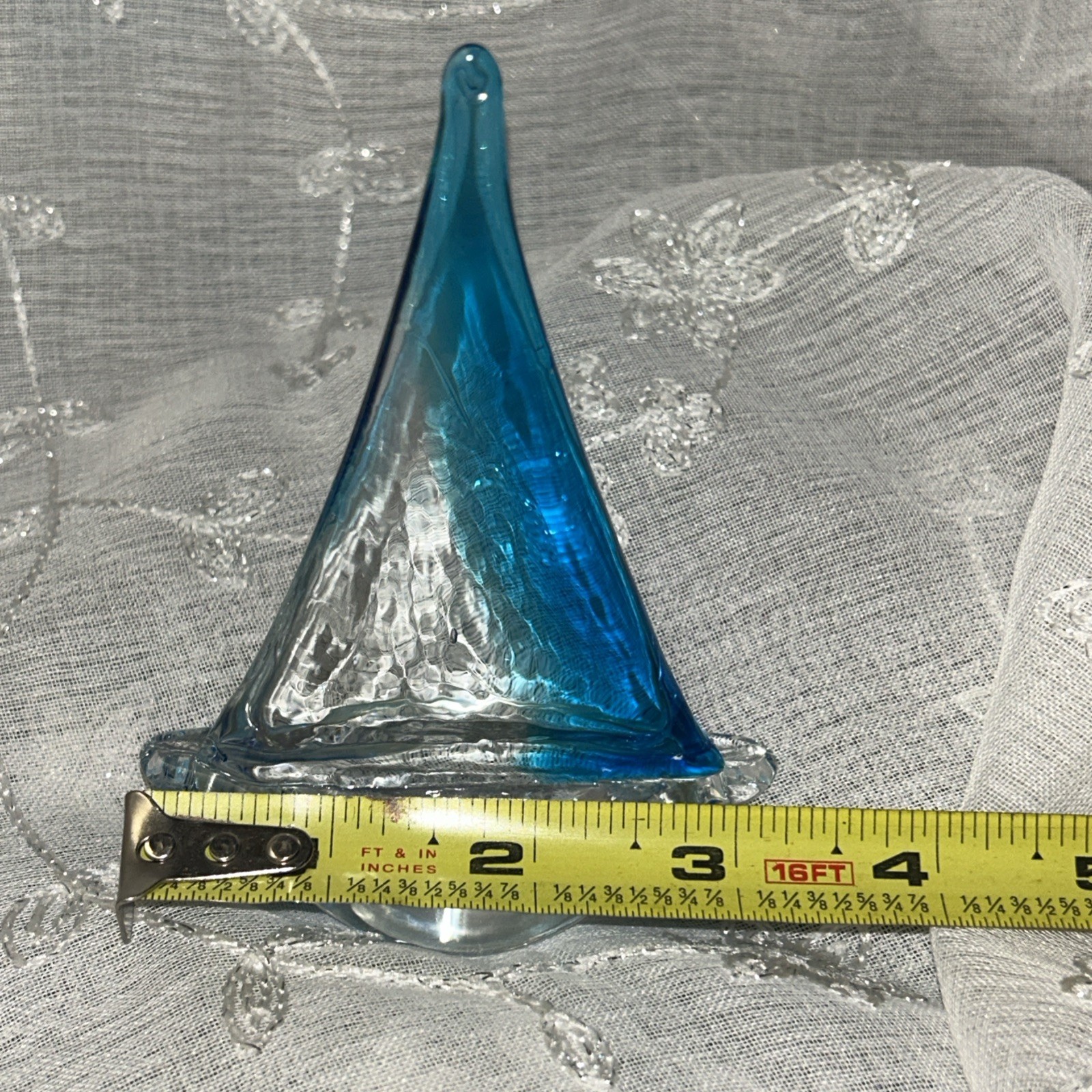 Art Glass Sailboat Sculpture Figurine Blue Clear Vintage Ocean Nautical Unsigned