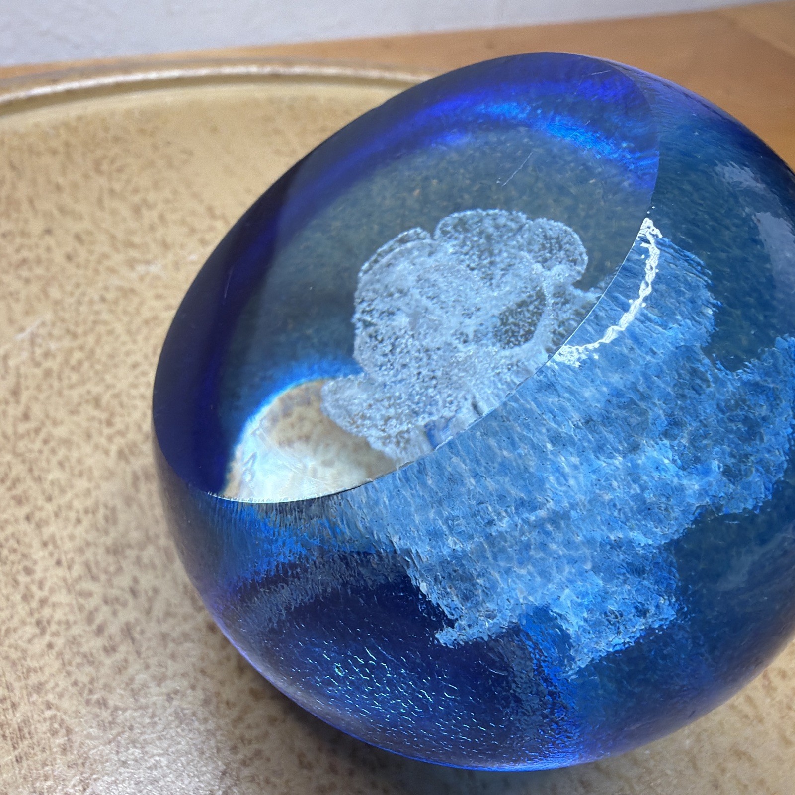 Selkirk Paperweight Bubble Blue & White Ice Flower Vintage Art Glass Signed
