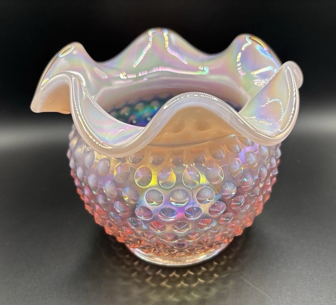 Fenton Vintage Opalescent Pink Basket Vase Dish W/Ruffled Edges 5”