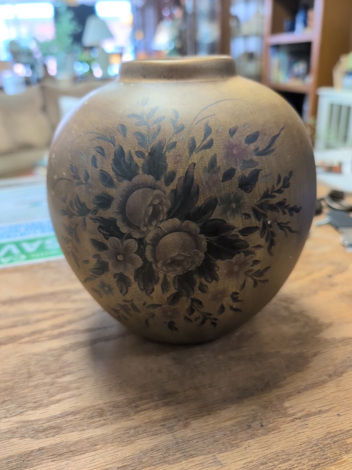 Vintage Hand-Painted Floral Pottery Vase – Rustic Brown Matte Finish