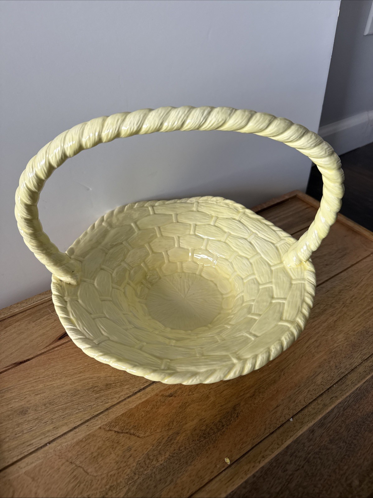Yellow Ceramic Basketweave Decorative Basket with Handle