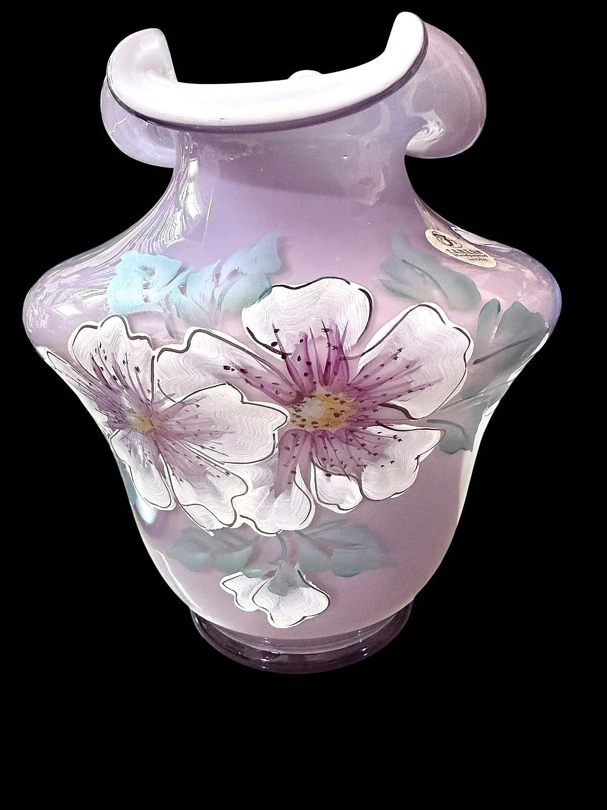 FENTON GLASS 2001 MUSEUM COLLECTION 7″ VIOLET OVERLAY MILK GLASS VASE HAND PAINT