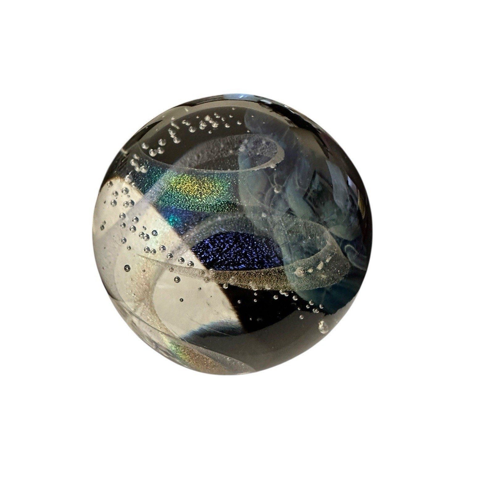 NEW Dark Nebula 4” Orb Blue Nebula of Dichroic Glass and Encased Bubbles Signed