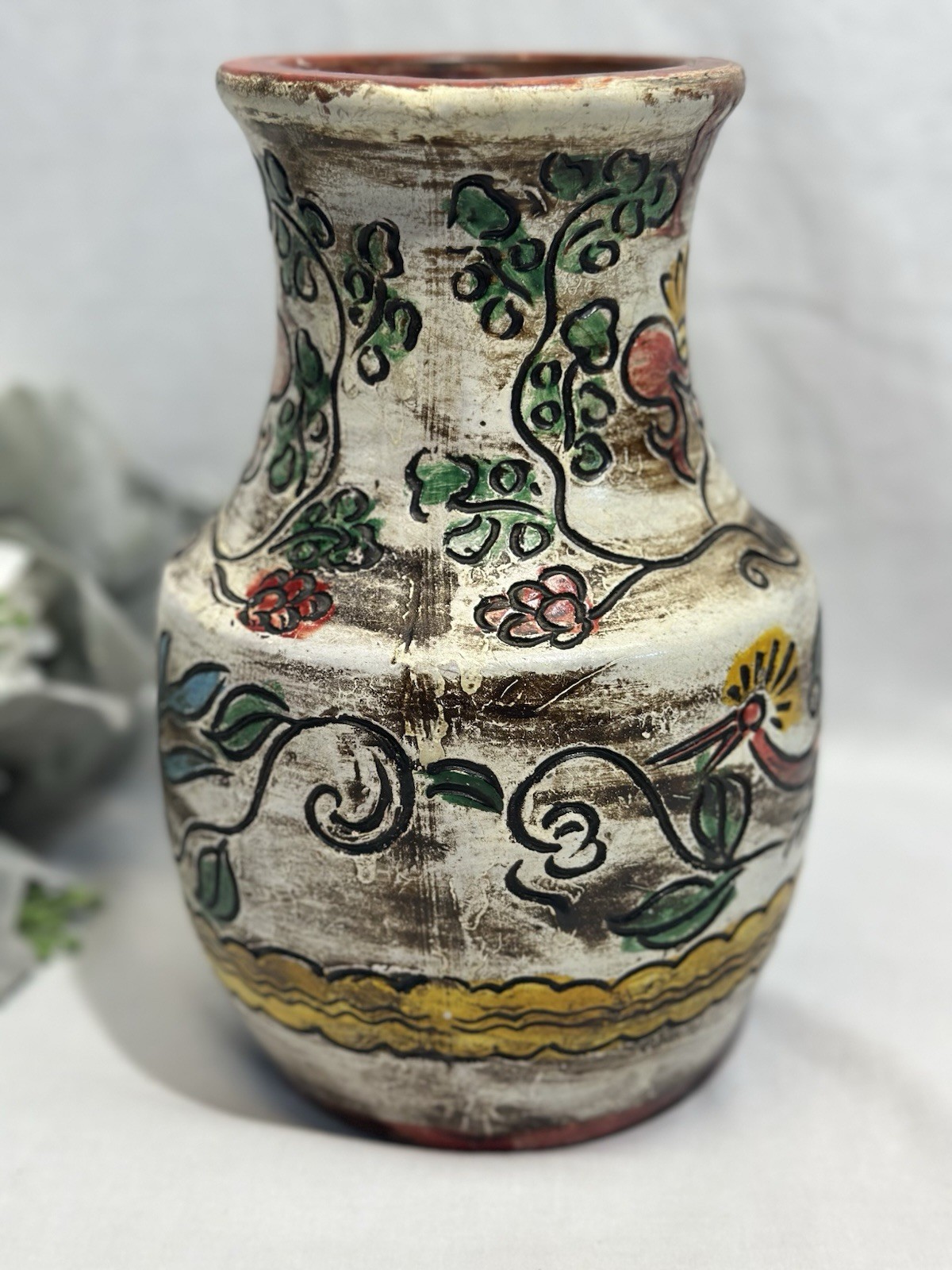 Vintage Bird and Floral Earthenware Vase. Pottery Engraved Design Made In Japan