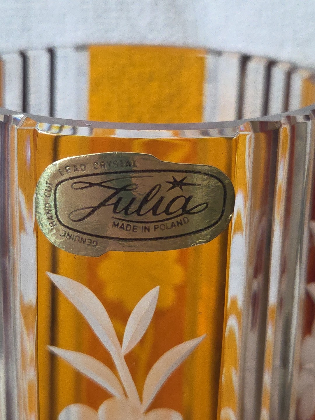 1960’s Huta Szkła Julia Yellow Amber Cut to Clear Crystal Vase Made in Poland