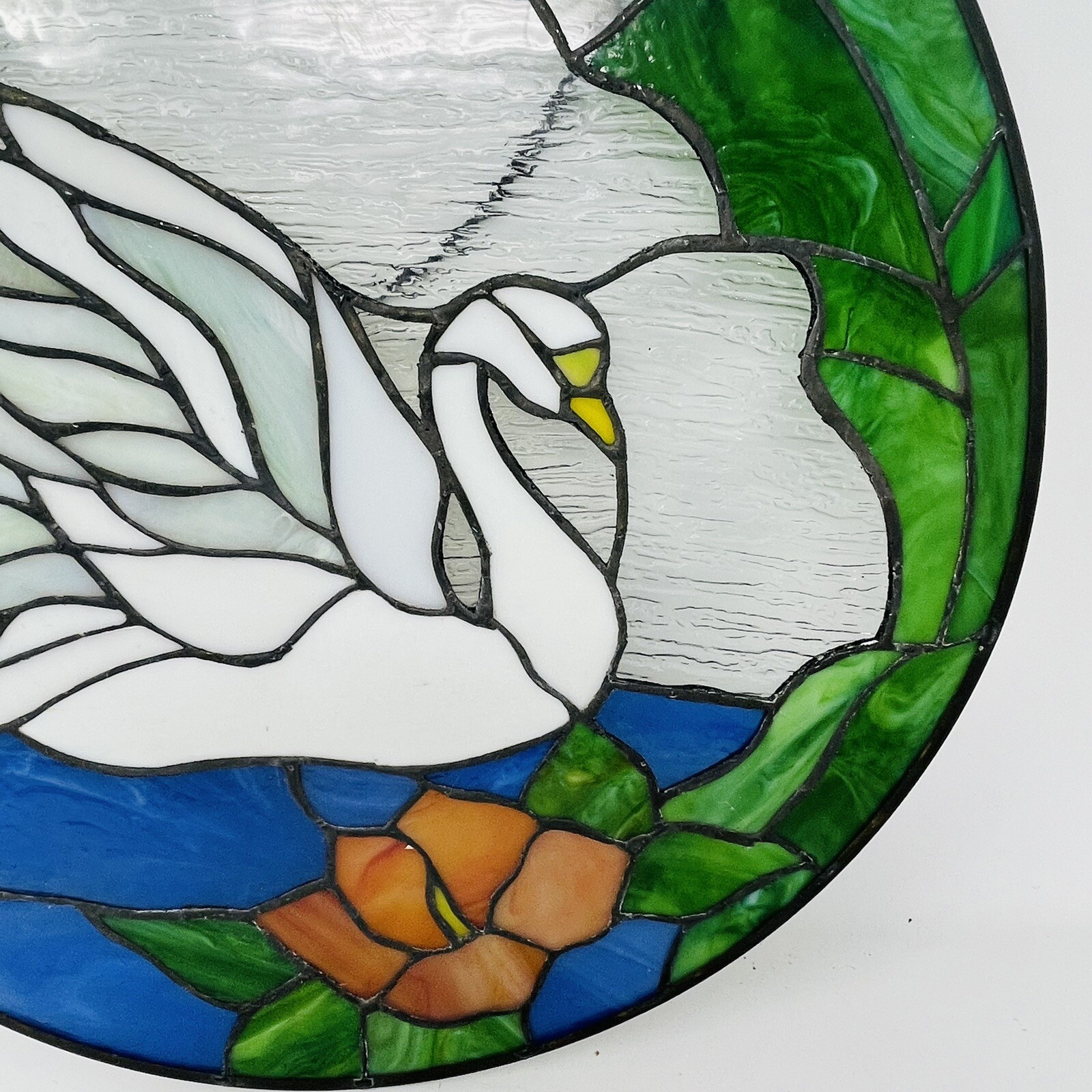 Stained Glass Round Window Panel Swan Pond Flowers Sun Catcher Hanging Chain
