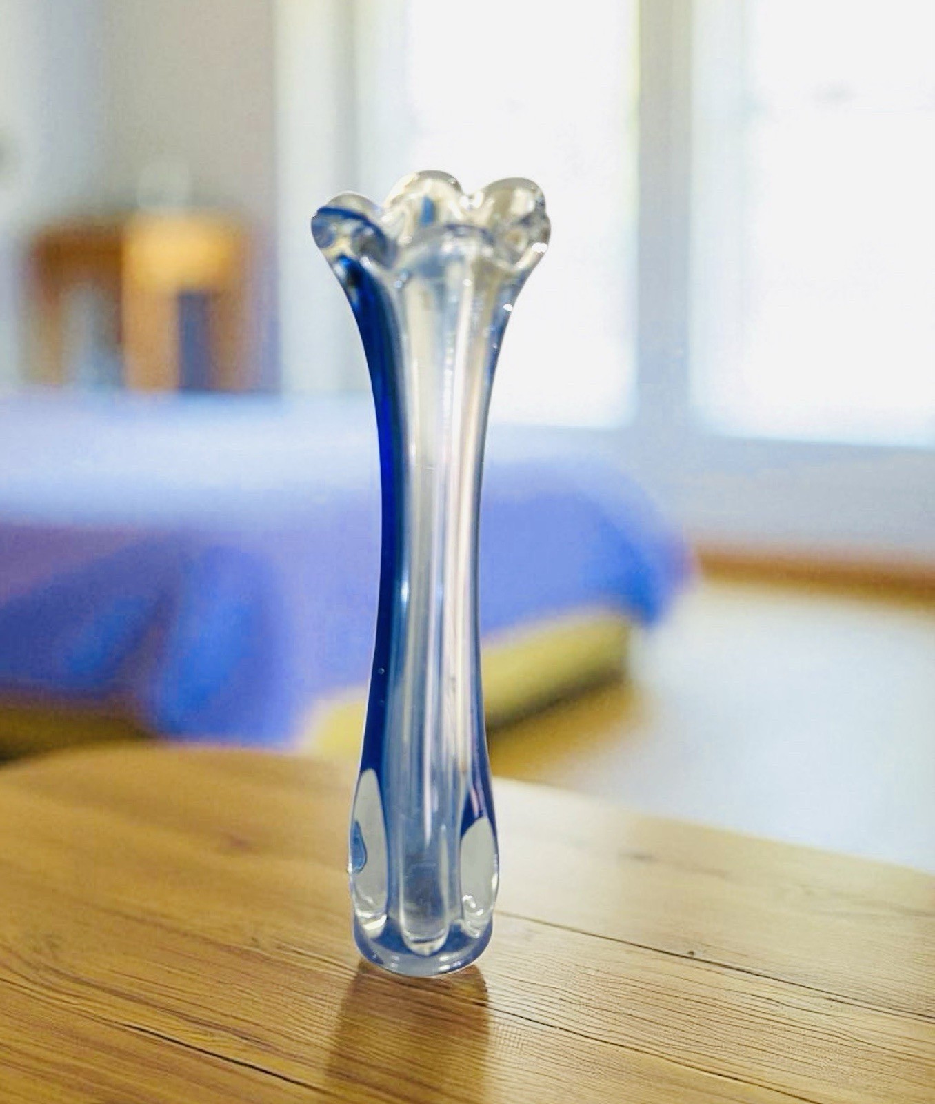 MCM Clear And Blue Swing Vase 9.5”- Mid Century Glass ETC