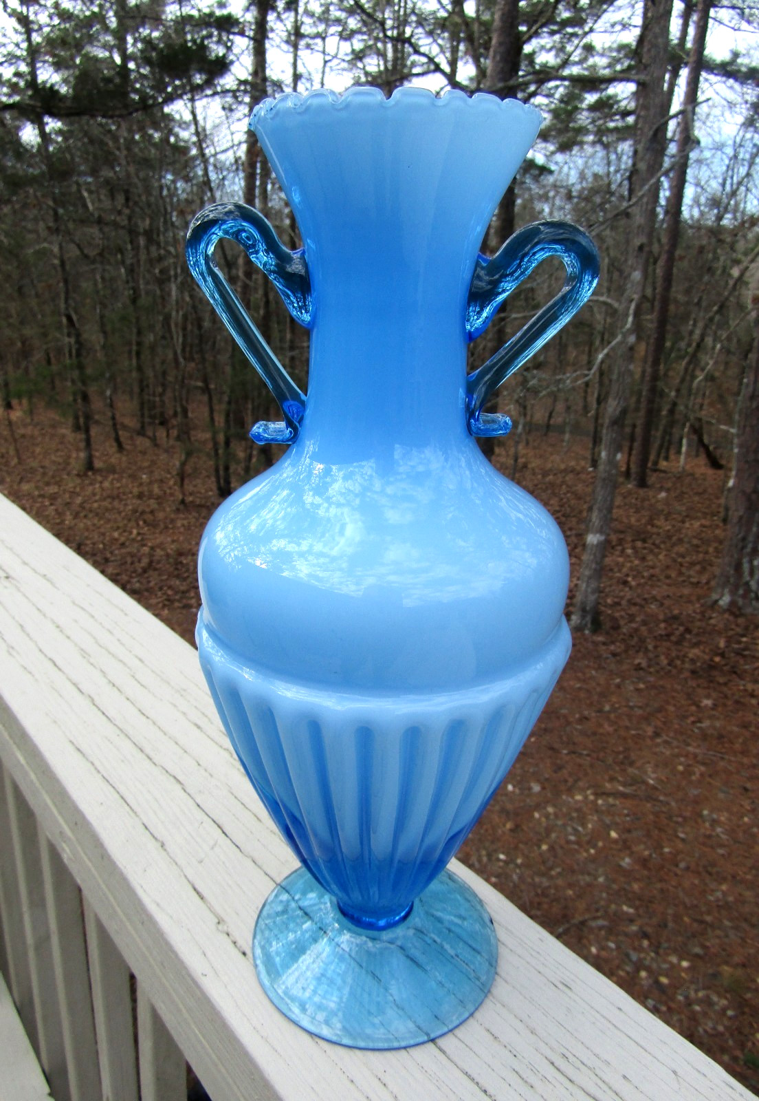 Vintage Empoli / Light Blue Cased Glass / URN / Handled VASE / 12 1/2″ / Mint!