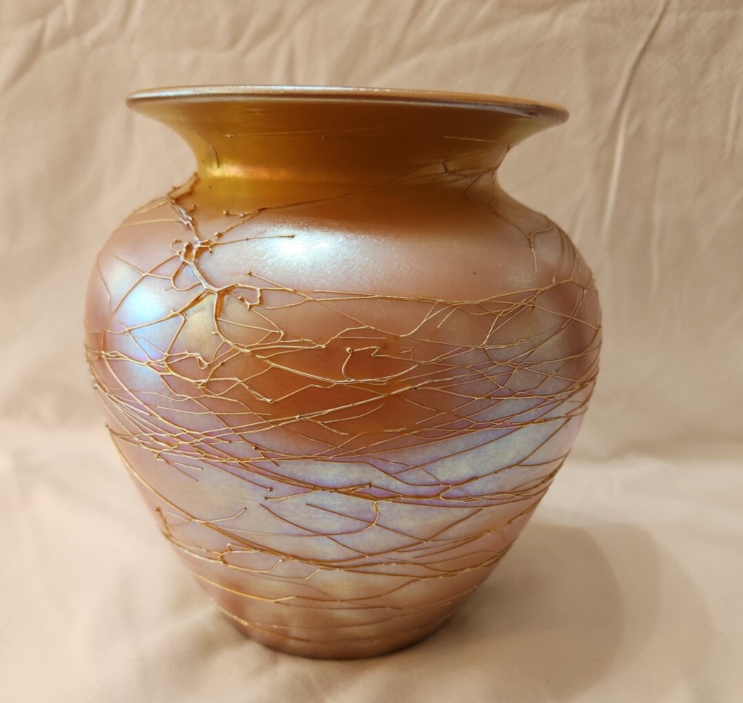Signed Victor Durand LARGE Threaded Vase Iridescent OrangeBluesPinks# 1710-8