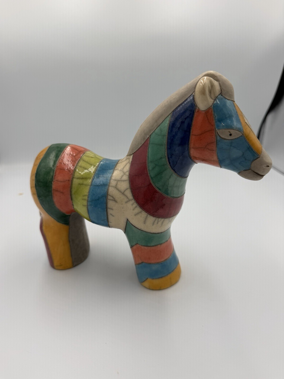 Studio Art Pottery Raku Horse Figurine Colorful Patchwork Ceramic Signed 8”