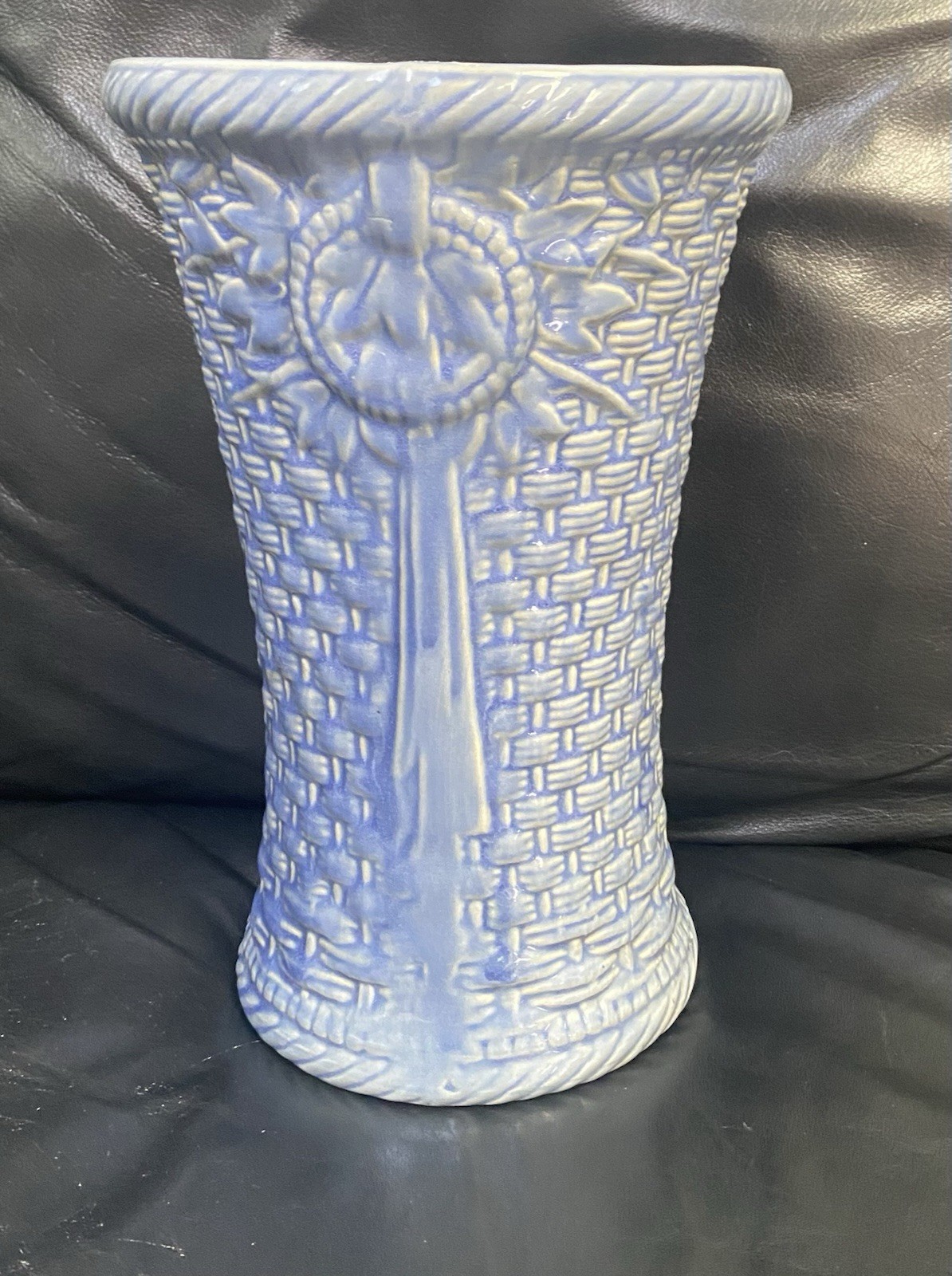 McCoy Pottery, 1932 Unmarked 10” Basketweave vase in Cornflower Blue