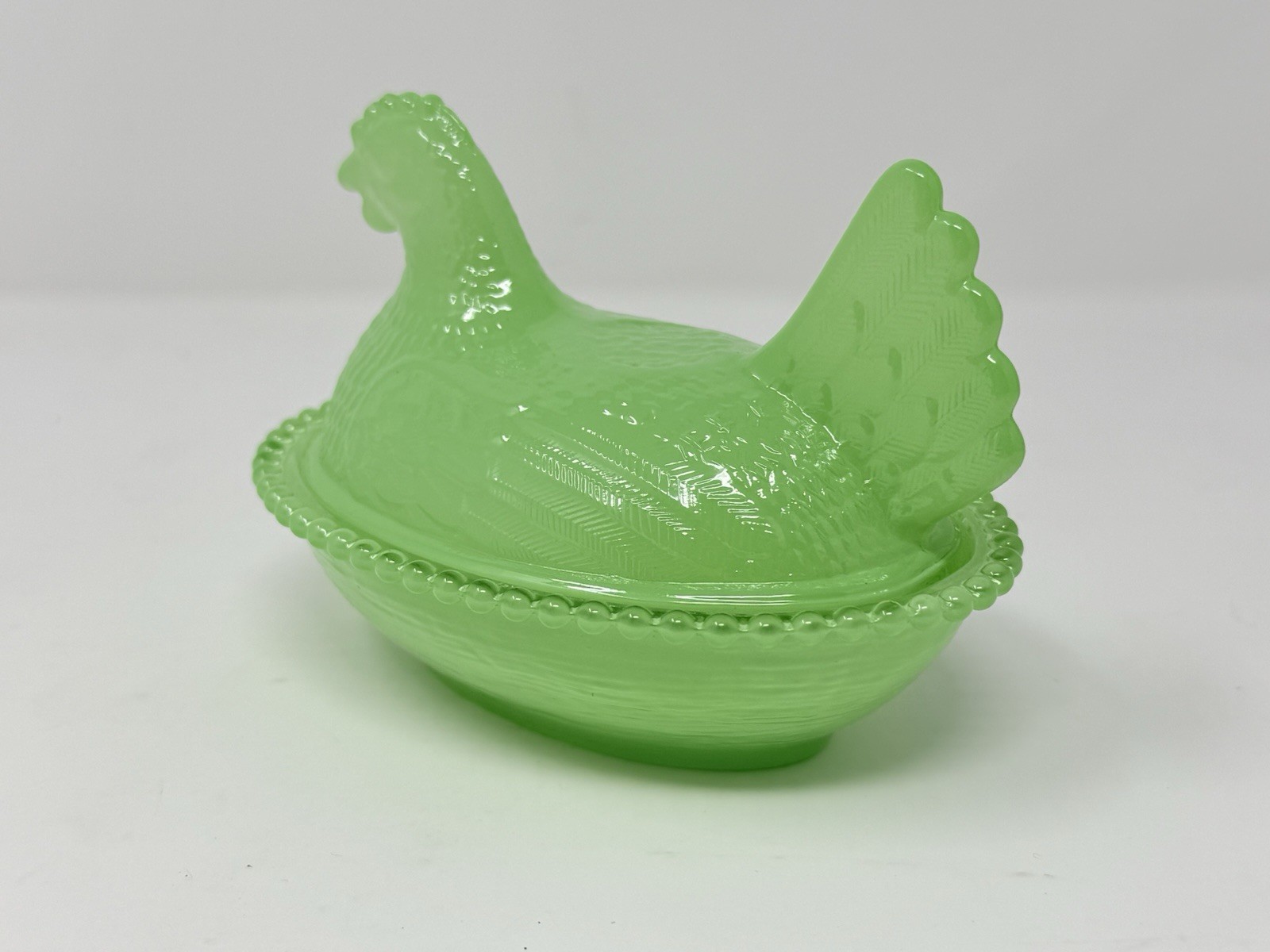 Hen On Nest Artificial Jadeite Green Glass 4.5 Inches Candy Dish Cottage Style