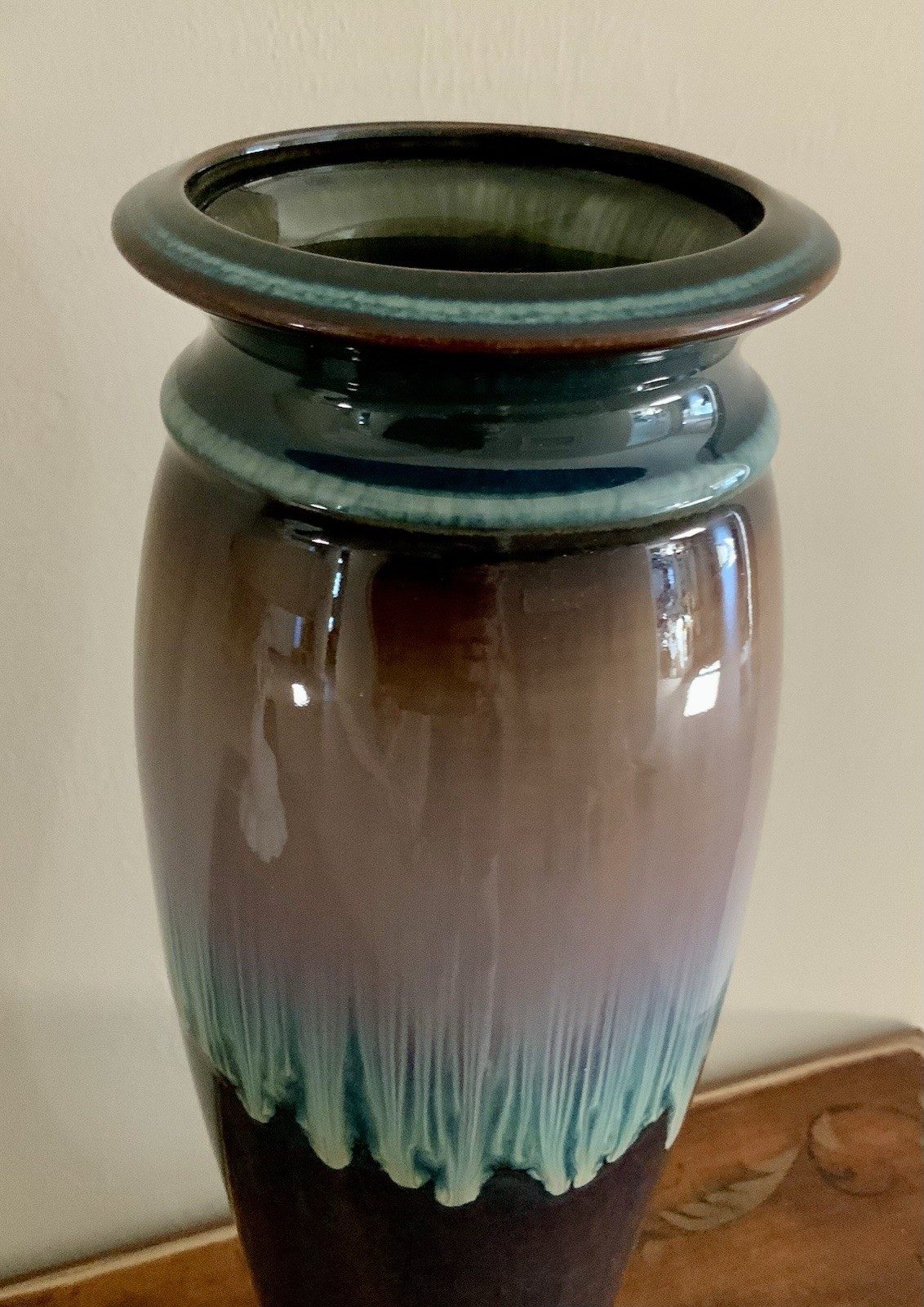 Bill Campbell Art Pottery Vase 14 Inch Signed Drip Glaze Teal Blue Purple Colors