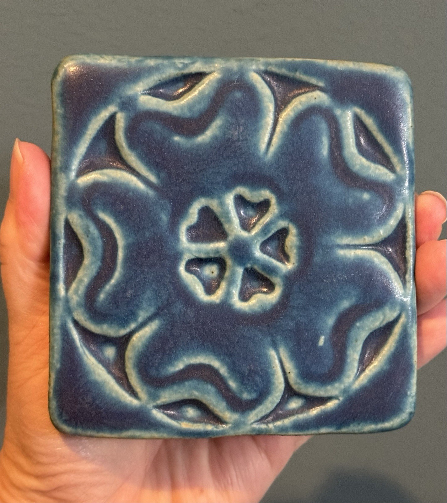Vintage Pewabic Tile Detroit Pottery Artisans 4” Arts & Craft Blue Flower 1991