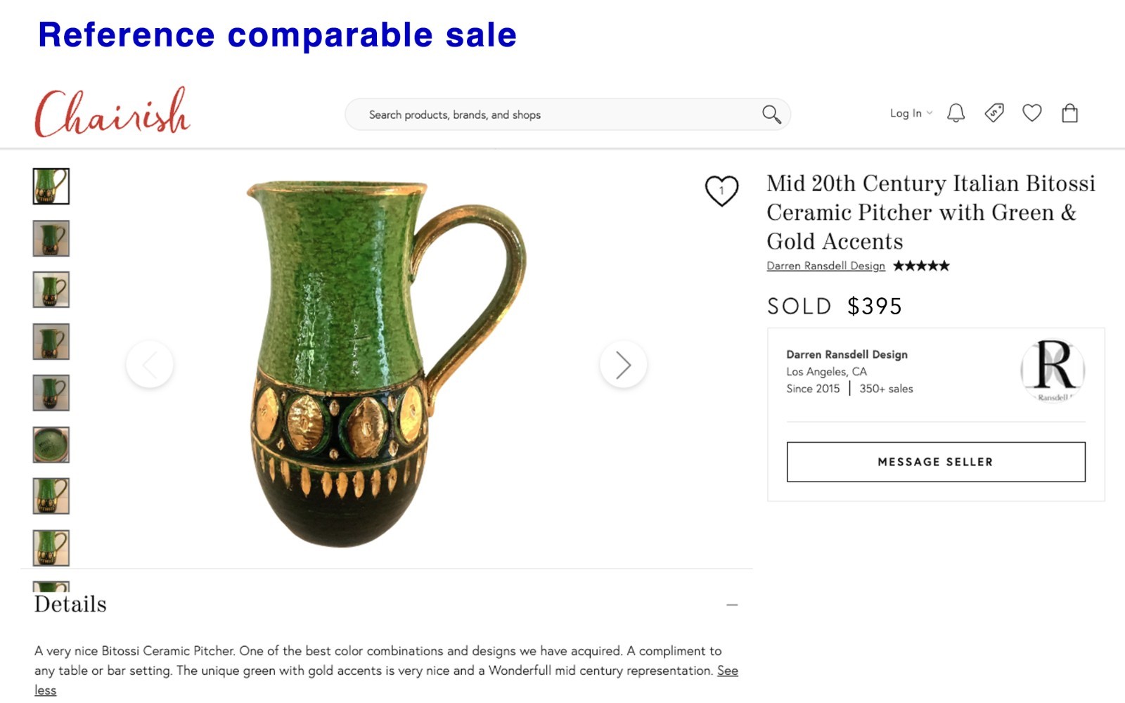 Italian Pottery Pitcher, Mid 20th Century, Green with Gold Accents, Italy