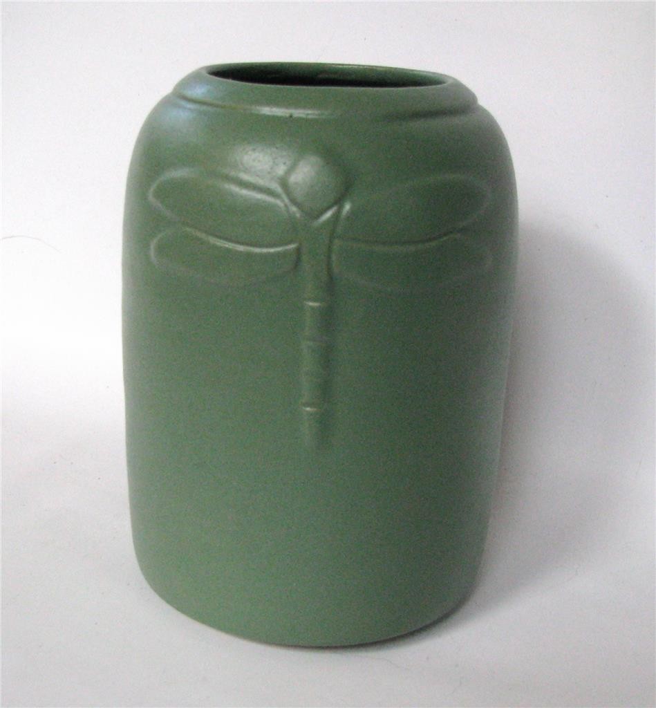 Studio Art Pottery Arts and Crafts style Matte Green Vase Dragonfly 5″ signed