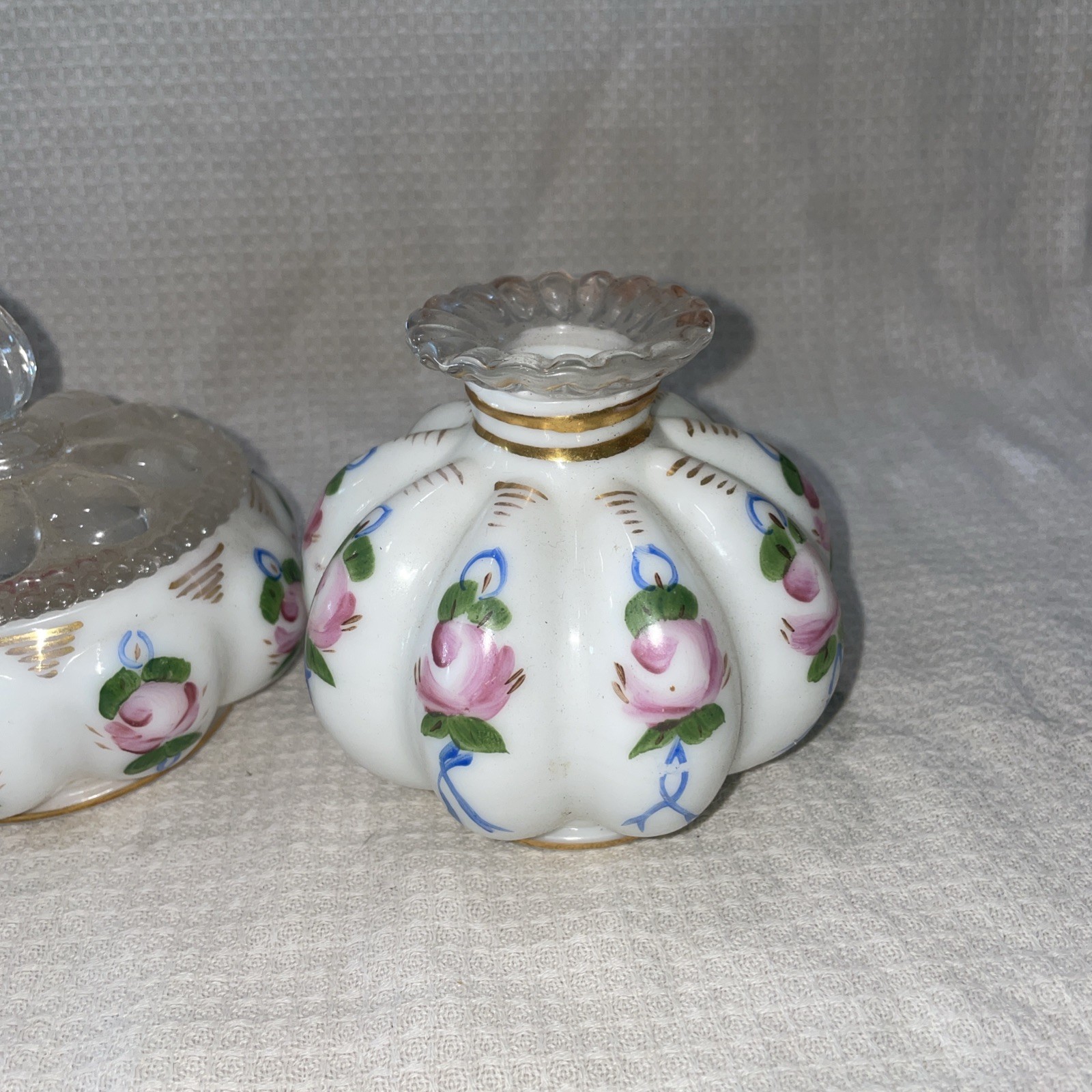 Set of 3, Charleton Milk Glass Perfume Bottles & Powder Box Hand Painted Roses