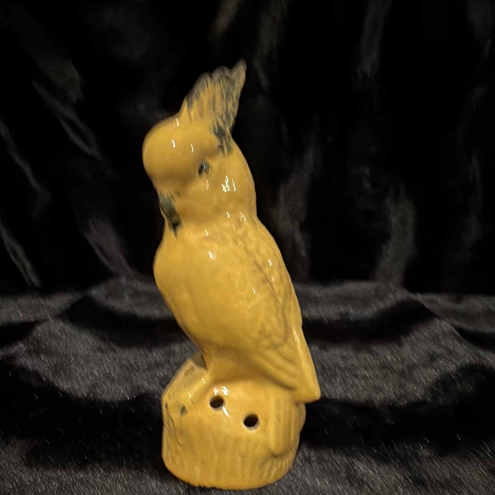 Yellow & Black Glossy Ceramic Bird Figurine on Tree Stump Base Flower Frog 7 in