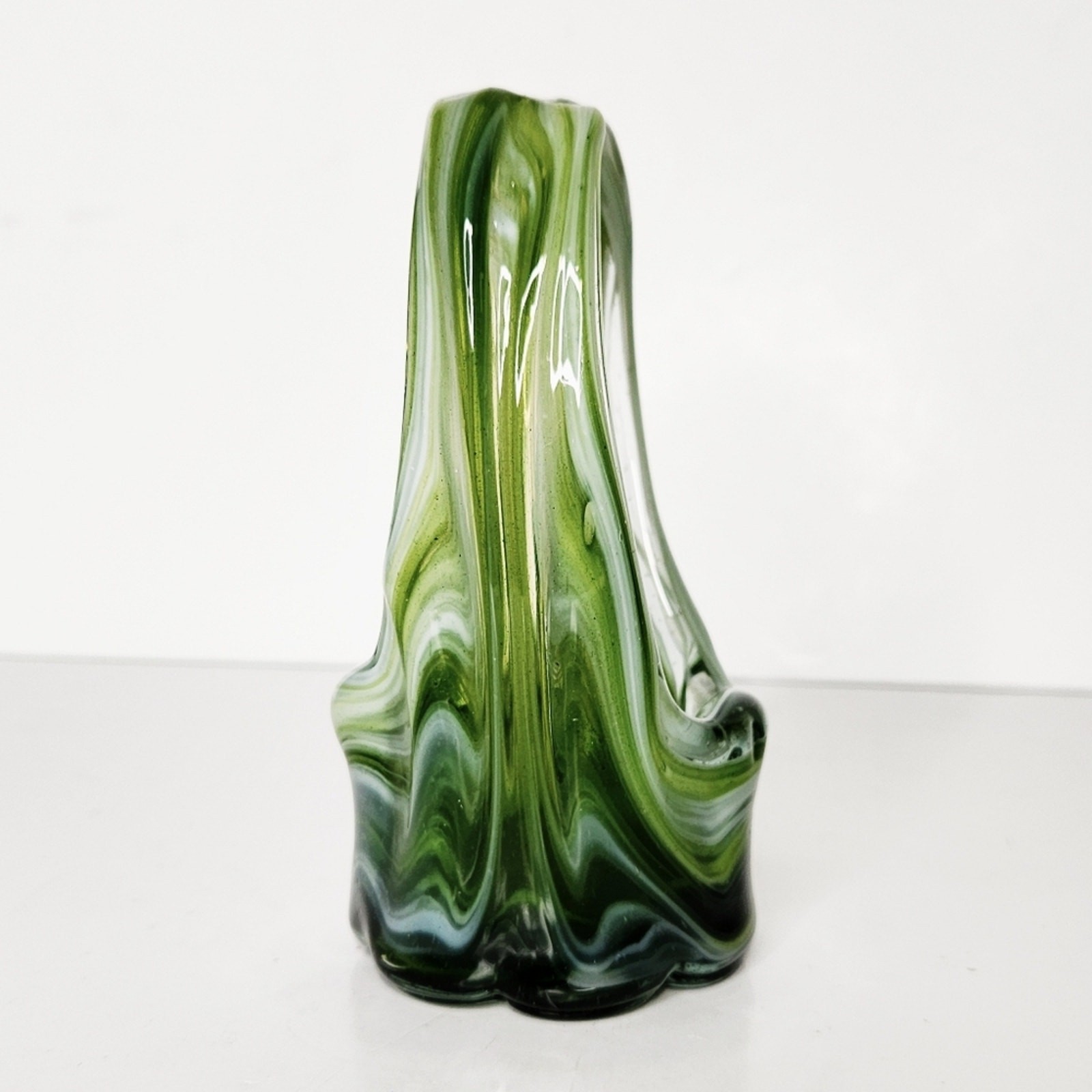 Vintage Hand Blown Stretch Art Glass Basket Vase Green White Swirls 5 1/2 Inches