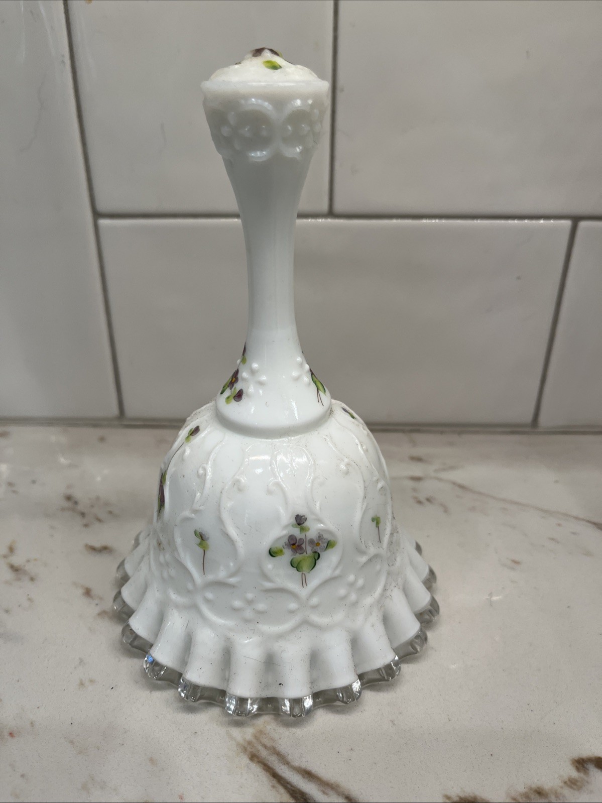 Fenton Glass Violets in Snow Spanish Lace Silver Crest Bell Signed by Kay Davis