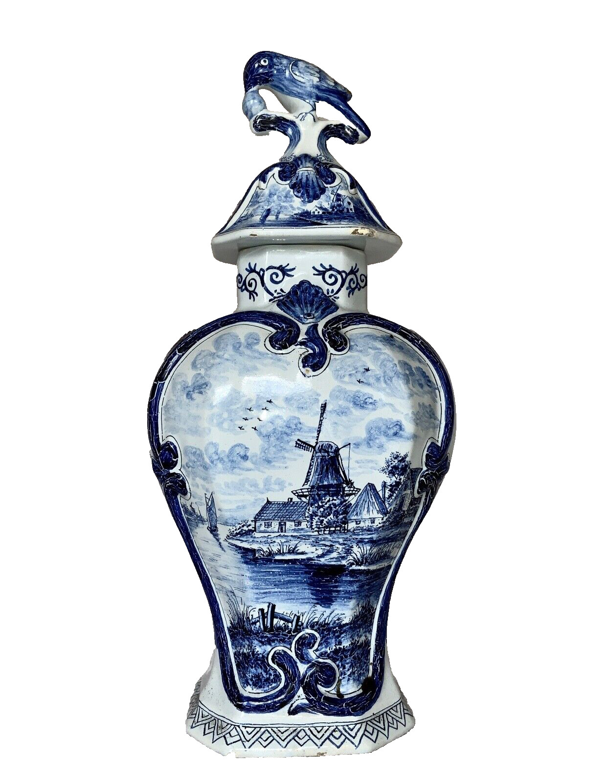 ANTIQUE TICHELAAR MAKKUM DUTCH DELFT BLUE LIDDED URN C. 1880-1895 WINDMILL HEART