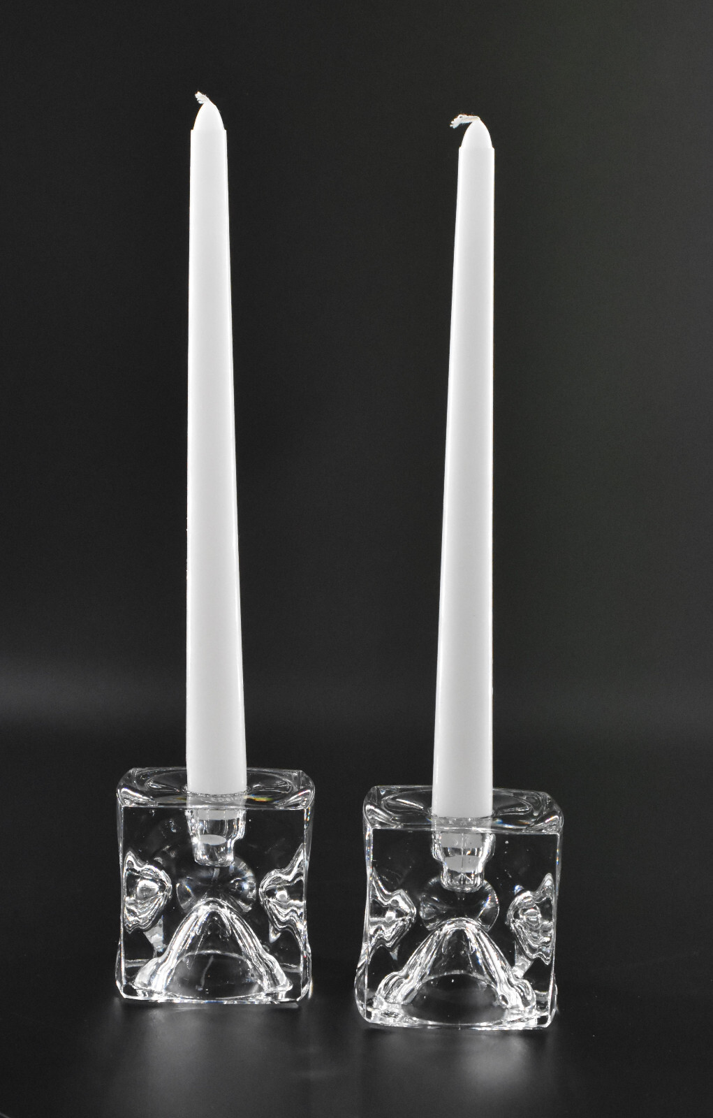 Set of 2 Vintage Ice Cube Candle Holders Clear Glass Crystal Taper Votive 2.75″