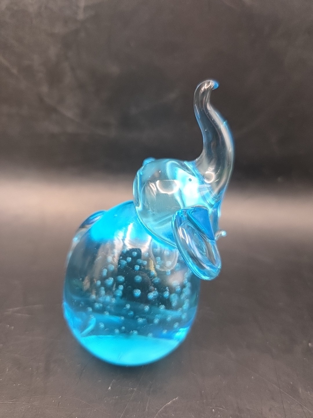 Vintage Clear Blue Glass Elephant Trunk Up Figure Controlled Bubbles Paperweight
