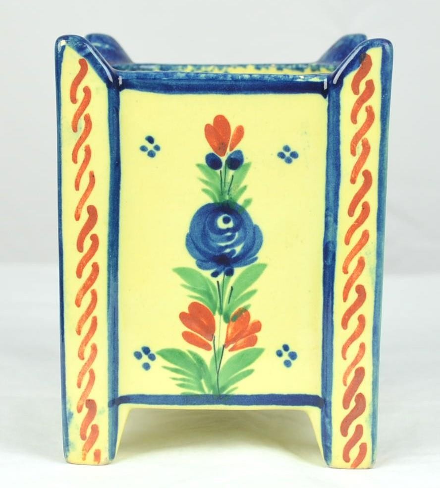VINTAGE HB QUIMPER FRANCE SOLEIL SQUARE VASE PLANTER – ROOSTER / COQ – 4 7/8″