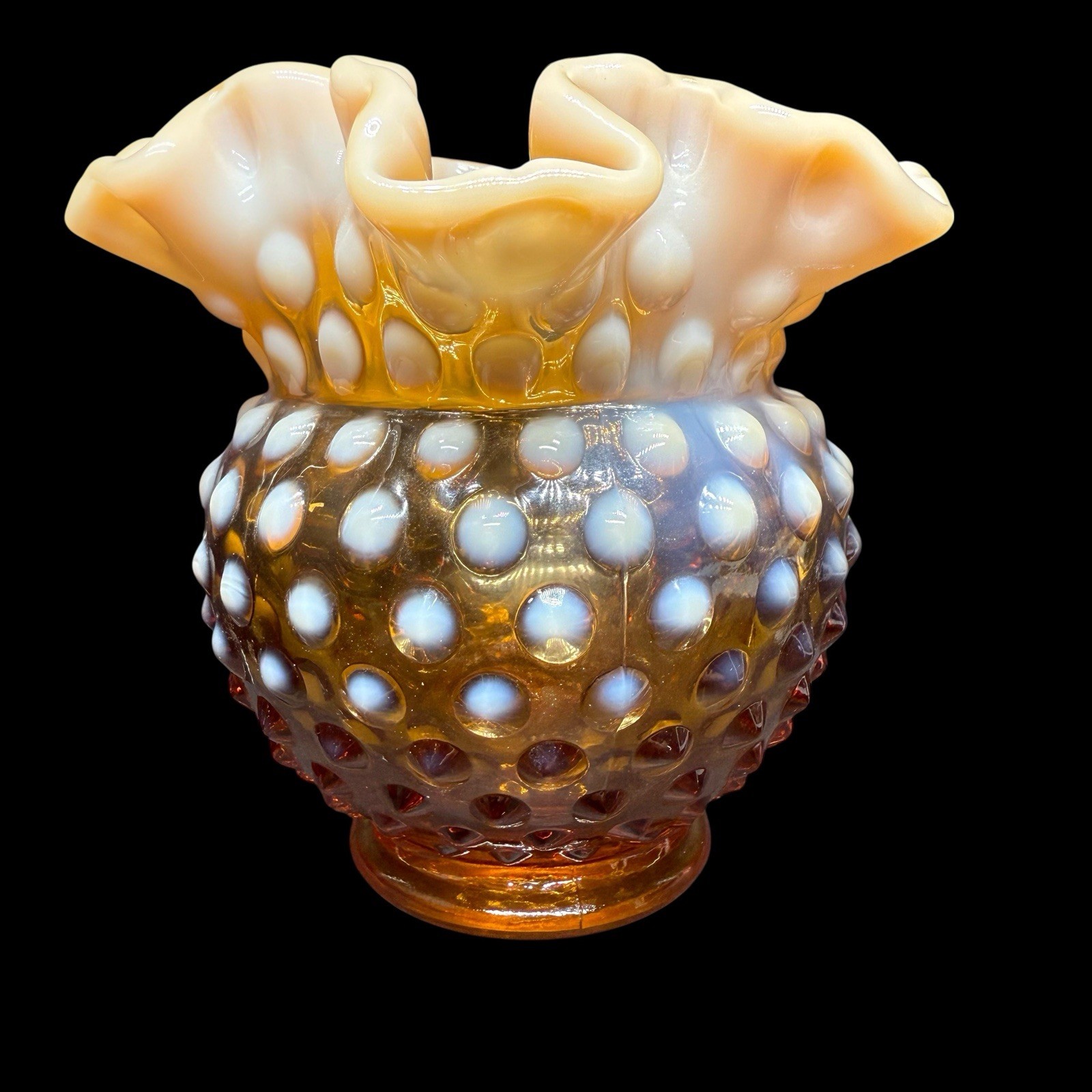 Fenton Carmel Brown Opalescent Hobnail Rose Bowl Ruffled Top 4.5”