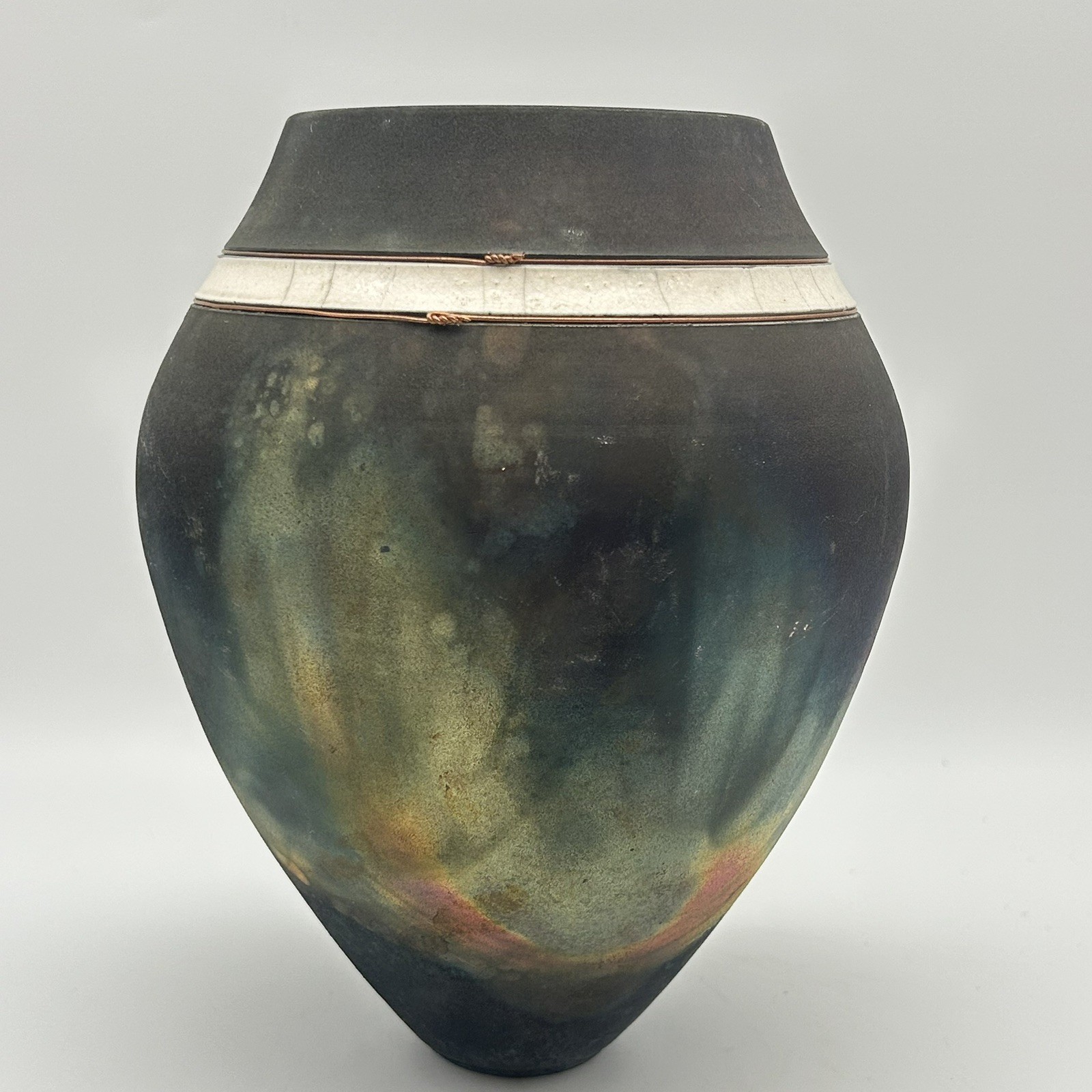 Unique Vintage Raku 8” Vase Crackled Tile And Copper Wire Inlays Artist Signed