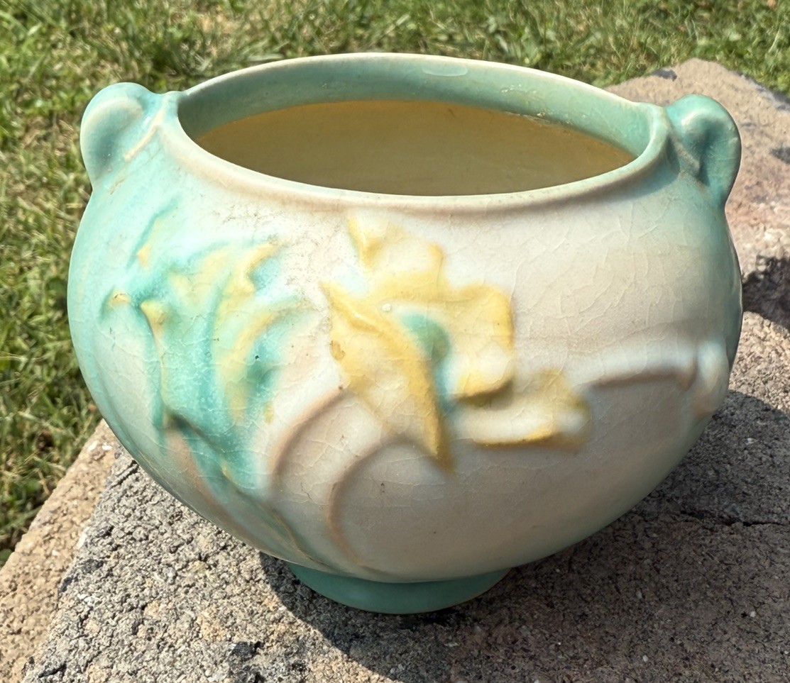 Rare 1938 Art Deco Roseville Pottery Yellow Green Poppy Vase Bowl 642-3