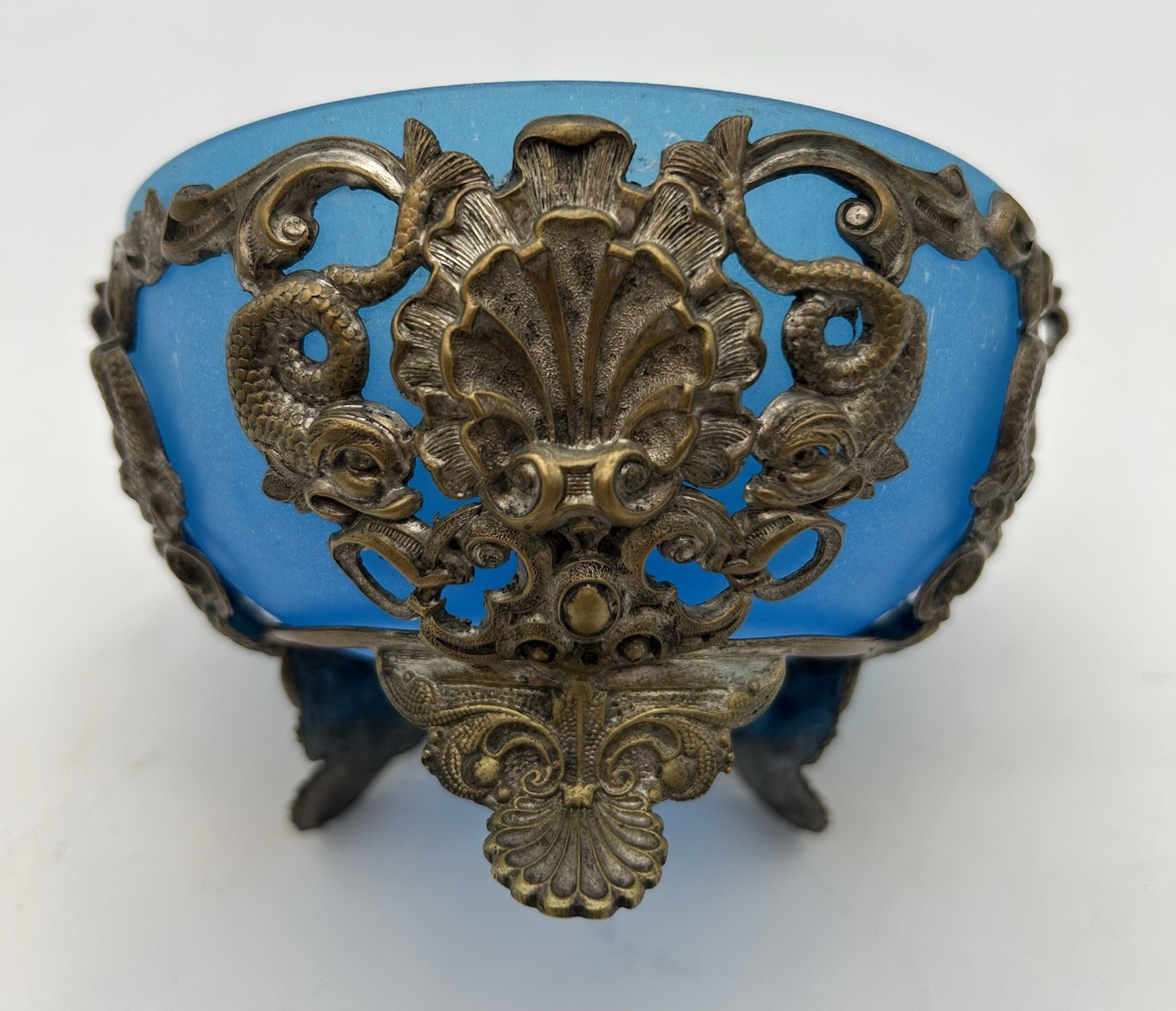 Antique Blue Opaline Glass Art Nouveau Basket with Serpent Fish Metal Casing