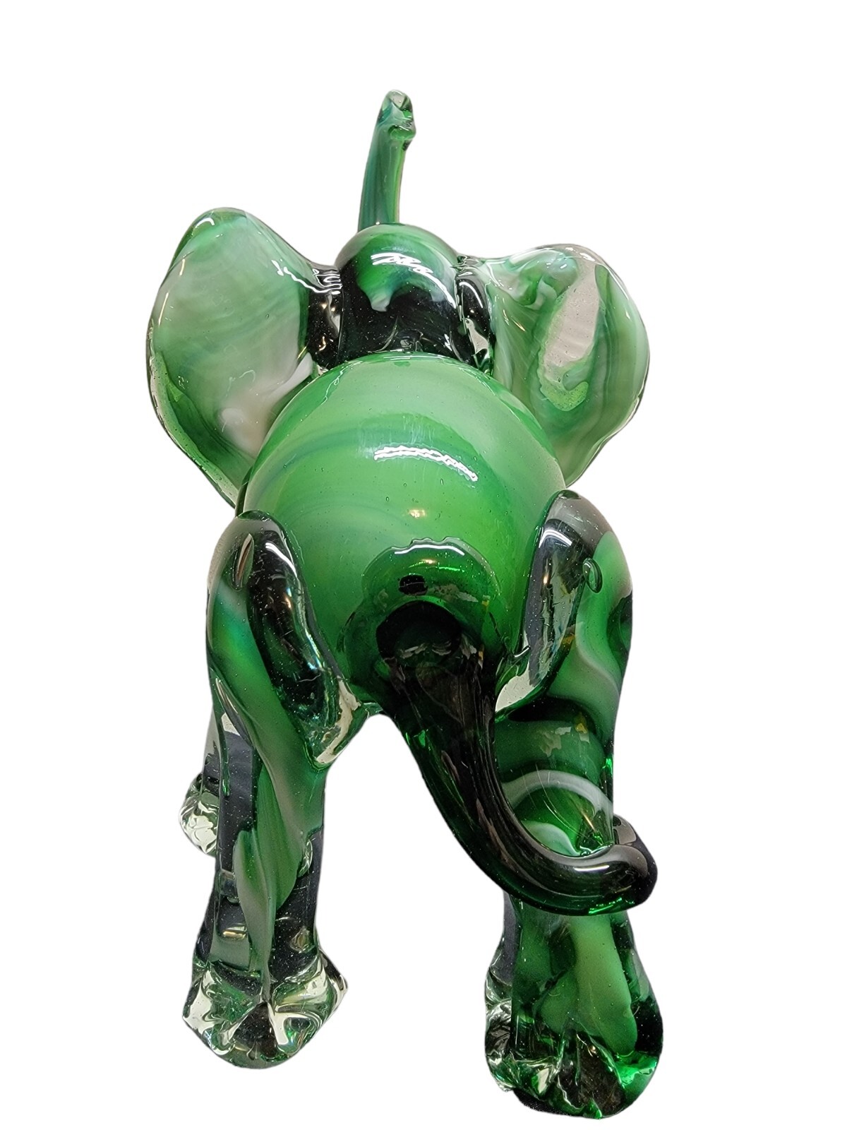 Vtg Hunter Green White Glass Elephant Trunk Up Tusk Figurine Murano Luck Fortune