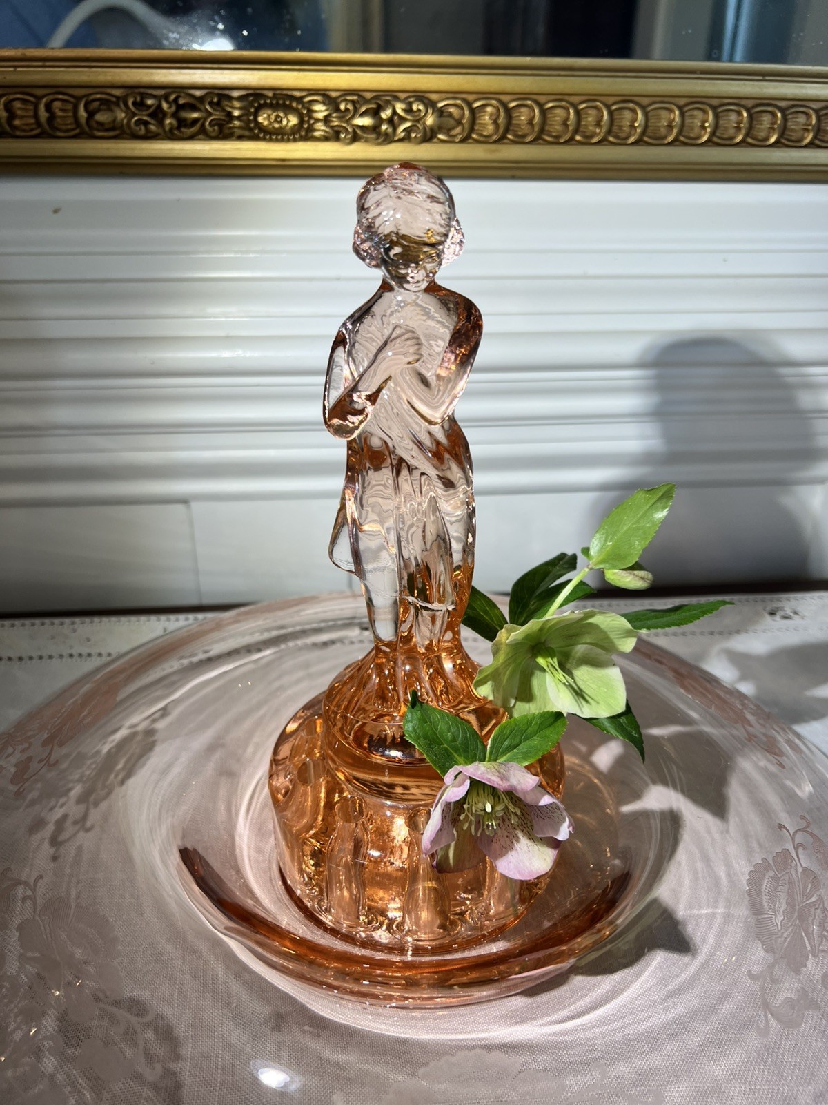 VTG Cambridge 9” Pink Glass “Draped Lady” Flower Frog & Rolled edge console bowl