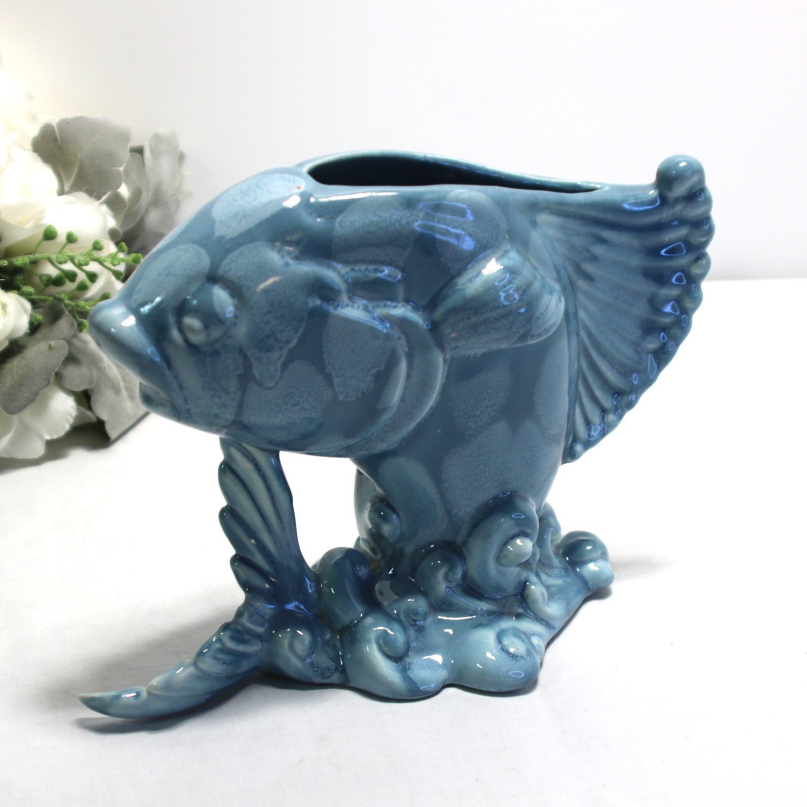 VTGRoyal Haeger Jumping Koi Fish Planter Blue Mottled #284 Rare 7.25″ T *Cracked