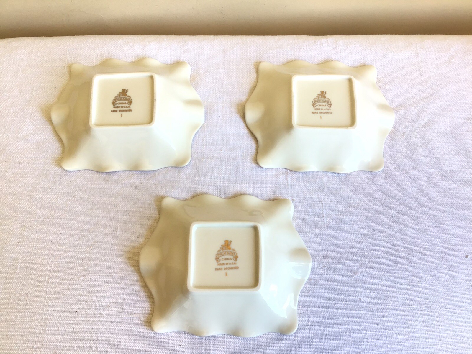 Vintage Lot Of 3 Pickard Hand Painted Cream Gold Gilded Ruffled Edge Ashtrays