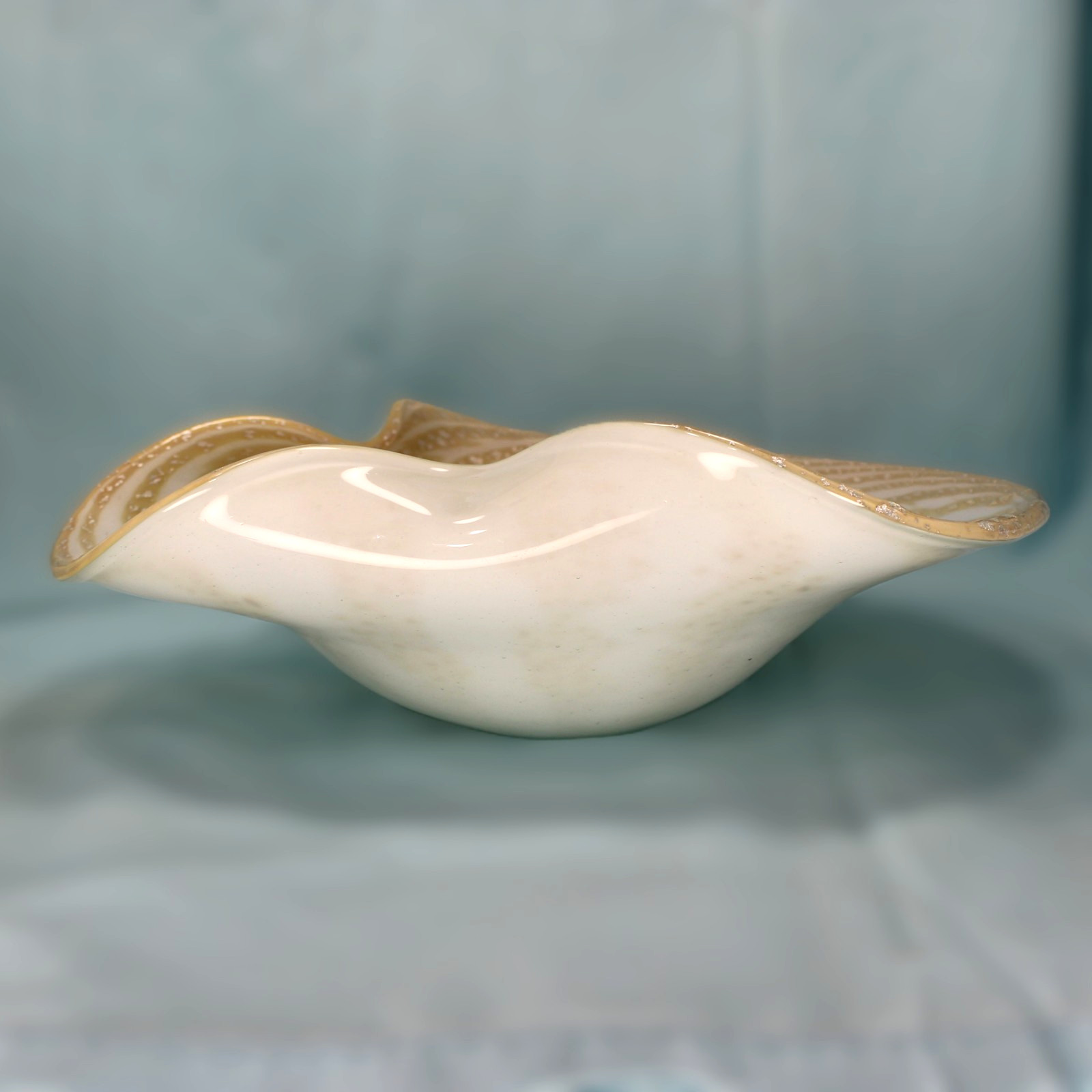 Vintage Authentic Murano Curved Bowl White Silver Leaf Gold Stripe 10″ Italy