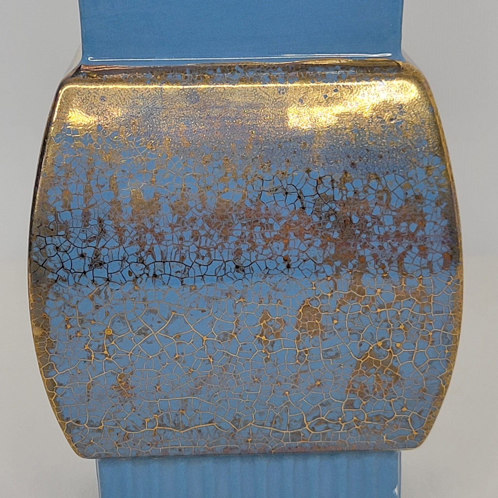 Vintage Ceramic Blue Gold Crackle 10 1/4″ Square Vase